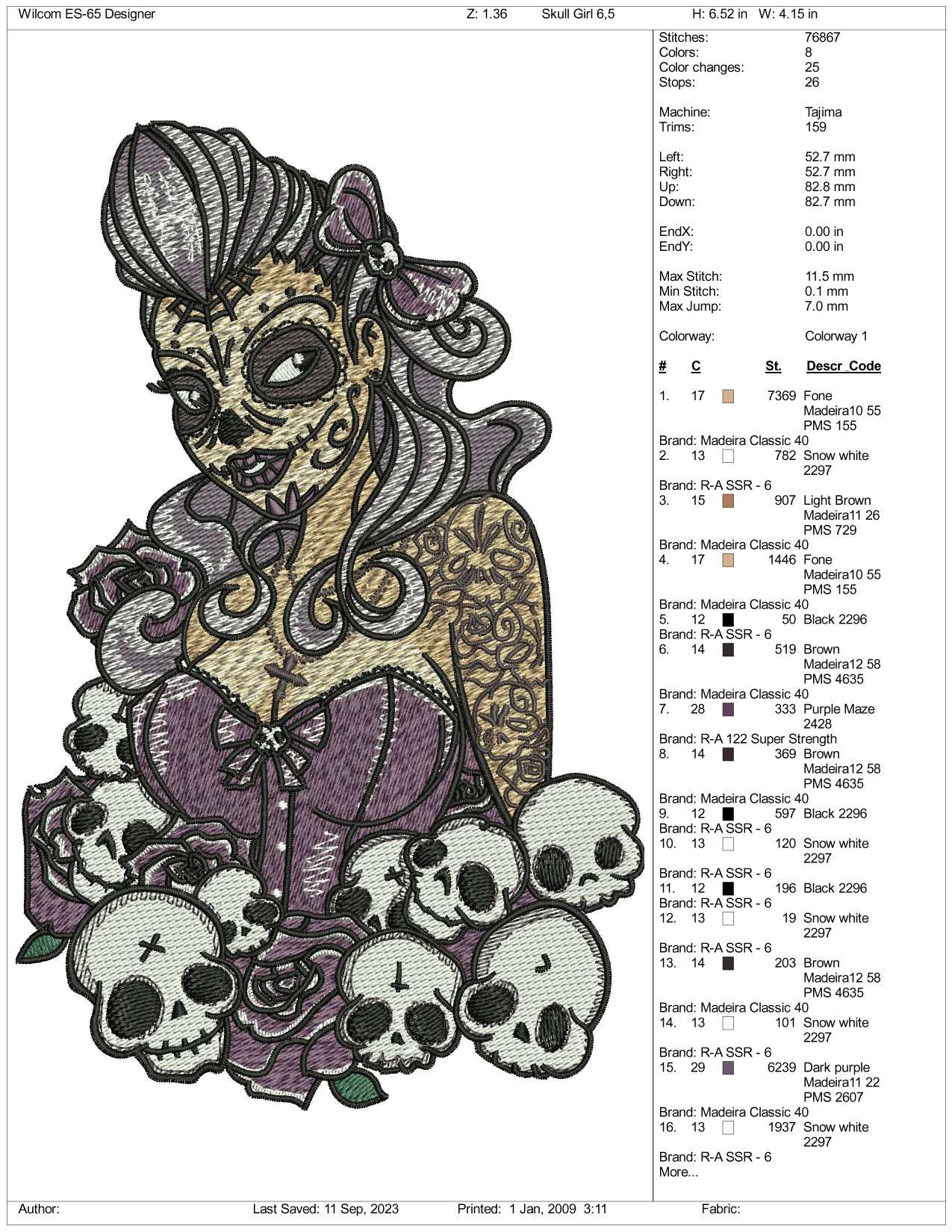 Halloween Skull Girl Embroidery Design Files - 3 Size's