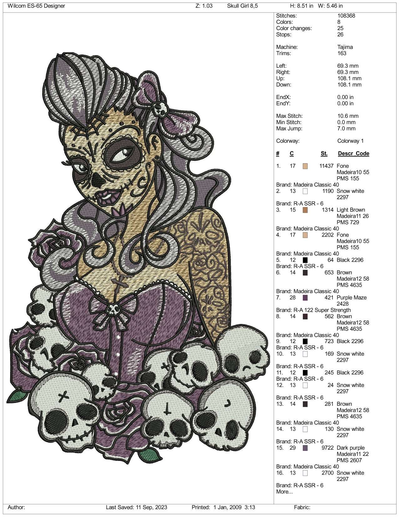 Halloween Skull Girl Embroidery Design Files - 3 Size's