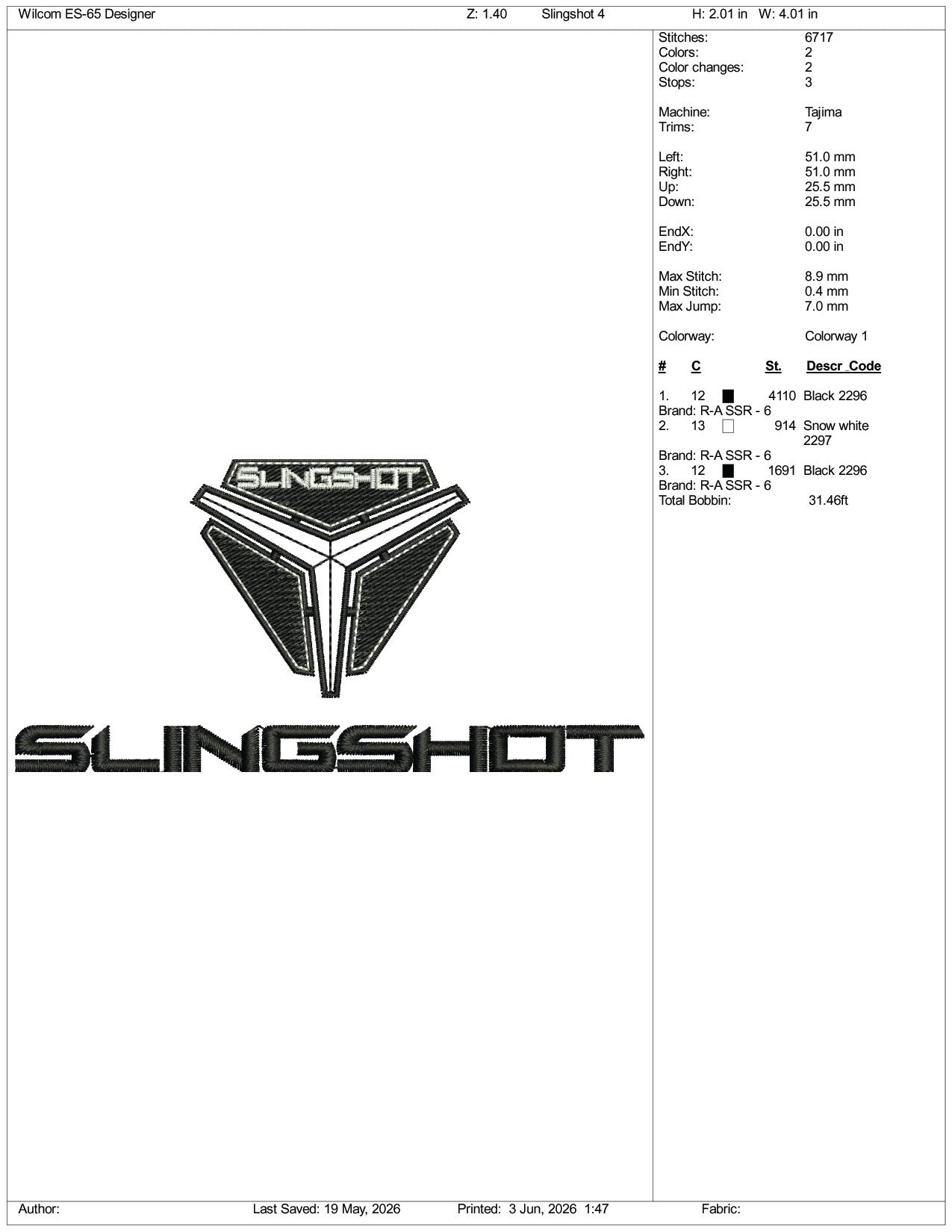 Slingshot Logo Embroidery Design Files - 3 Size's