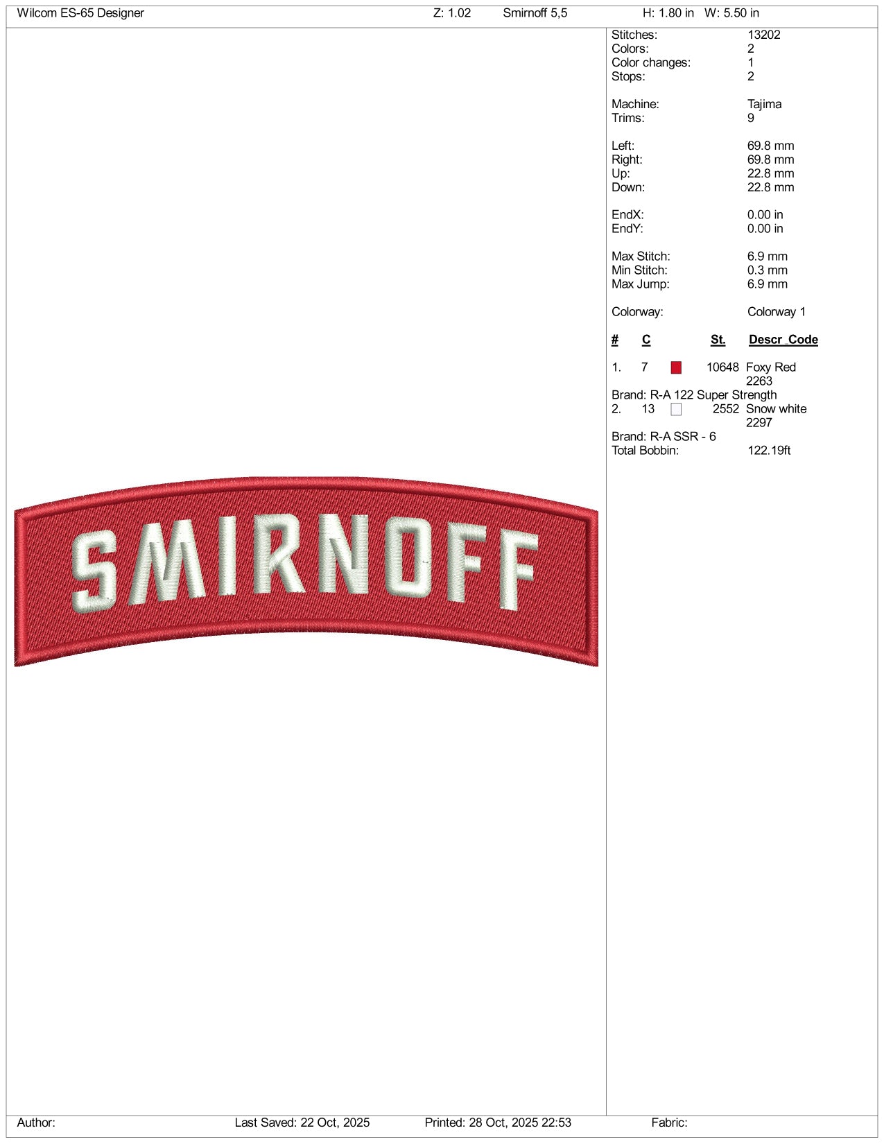 Smirnoff Logo Embroidery Design Files - 4 Size's