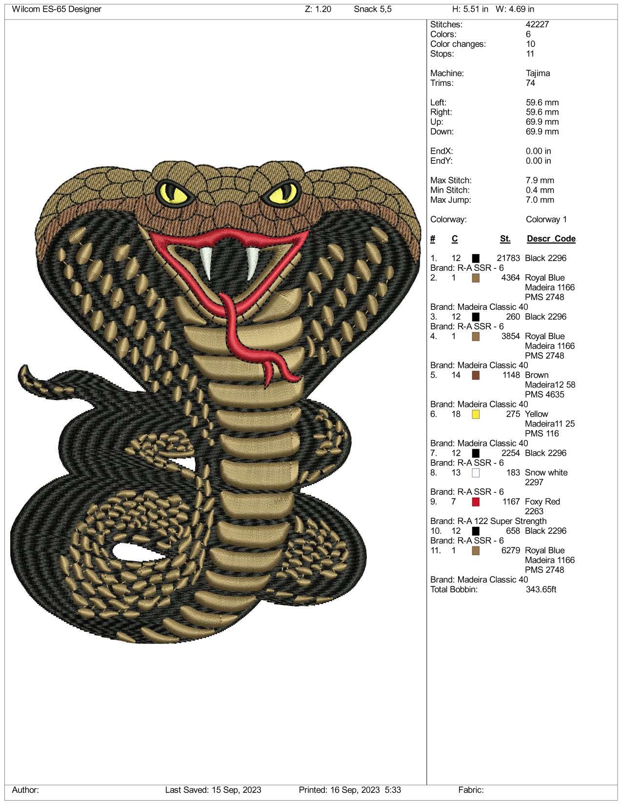 Cobra Snack Embroidery Design Files - 3 Size's