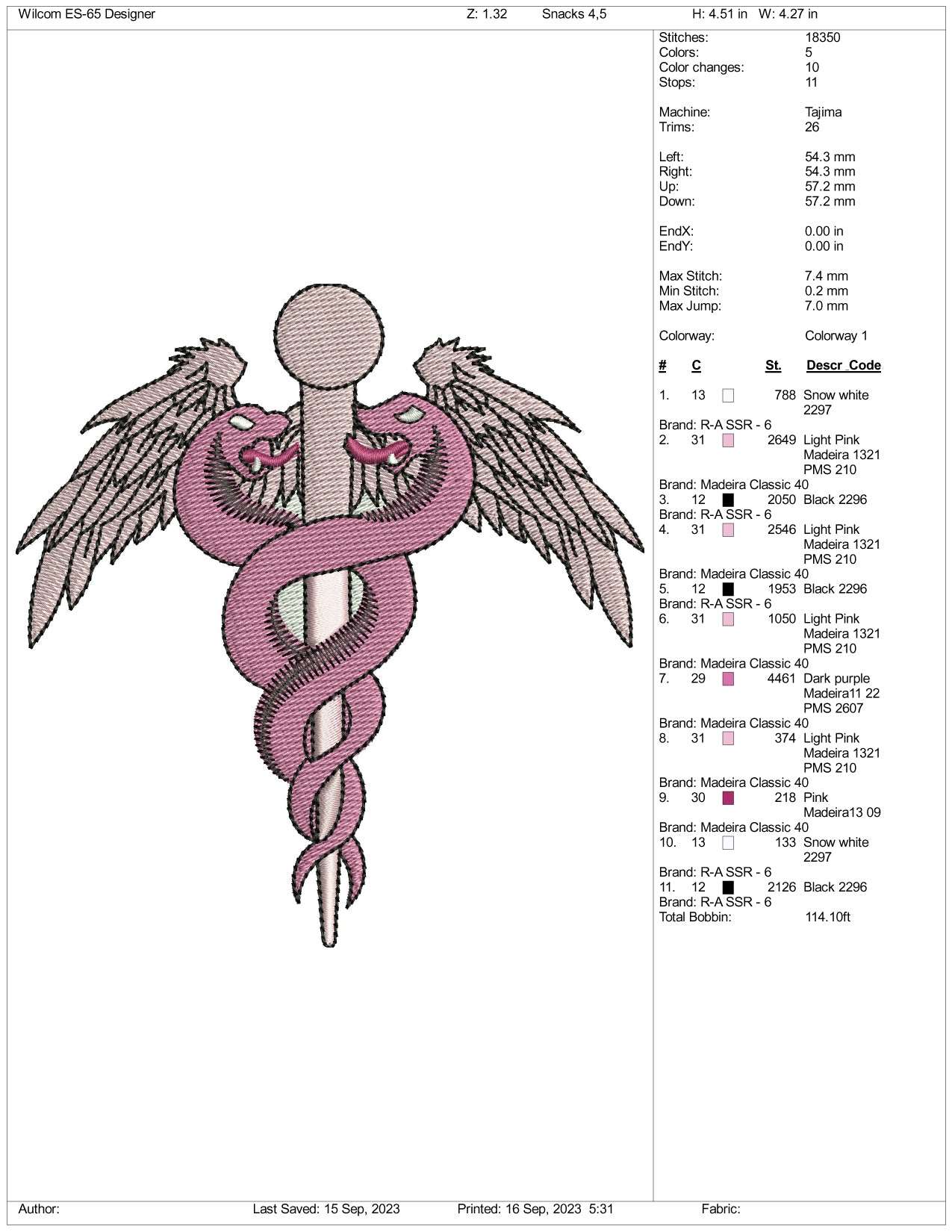 Caduceus Embroidery Design Files - 3 Size's