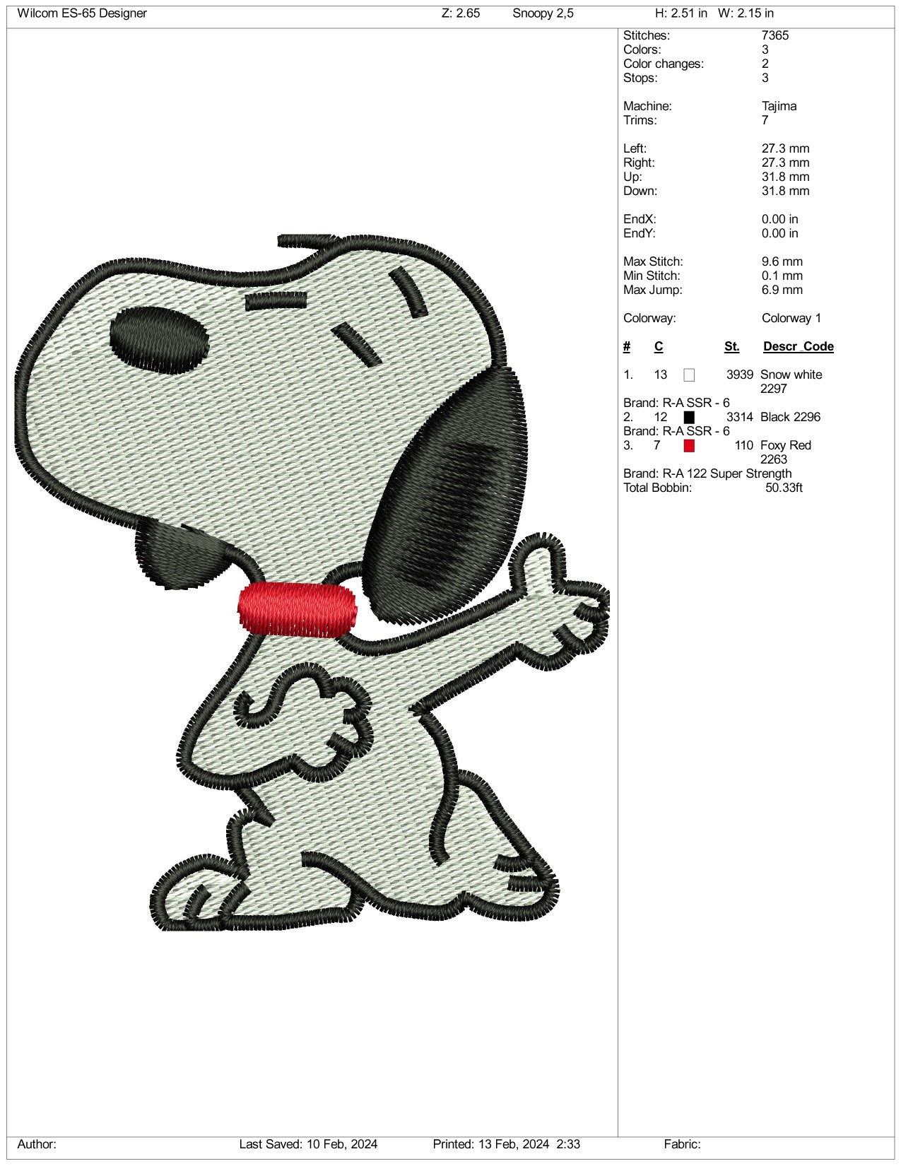 Snoopy Embroidery Design Files - 3 Size's