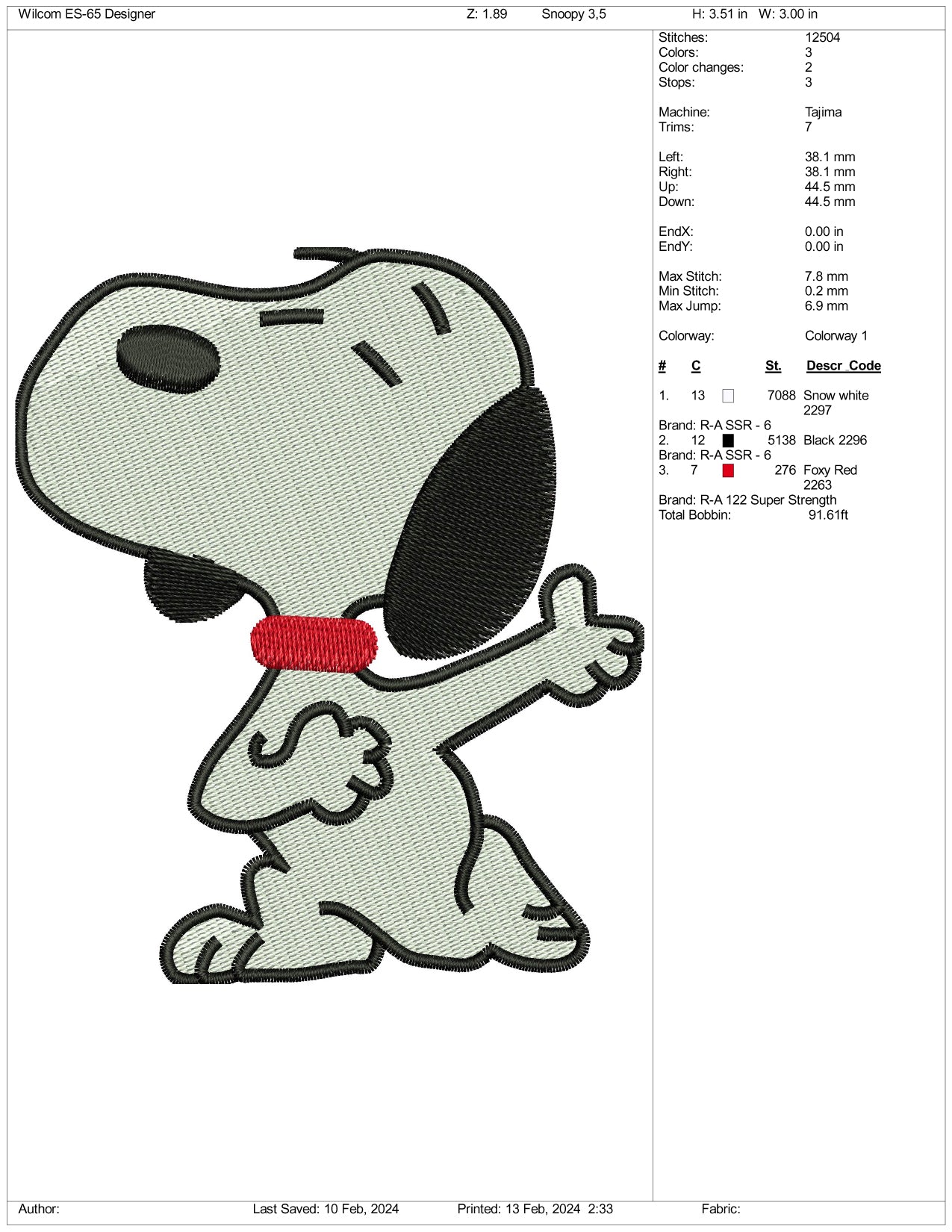 Snoopy Embroidery Design Files - 3 Size's