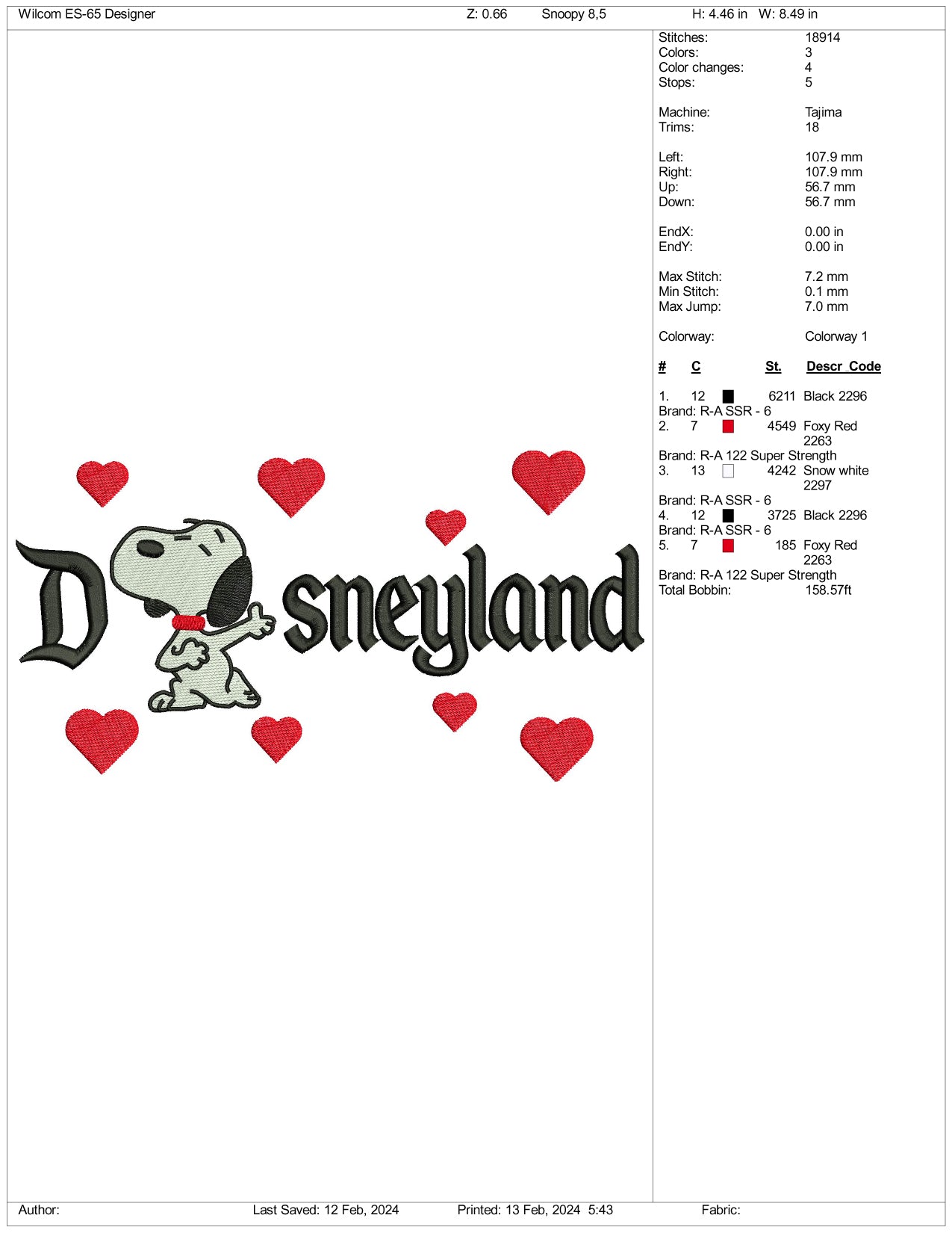 Snoopy Disneyland Embroidery Design Files - 3 Size's