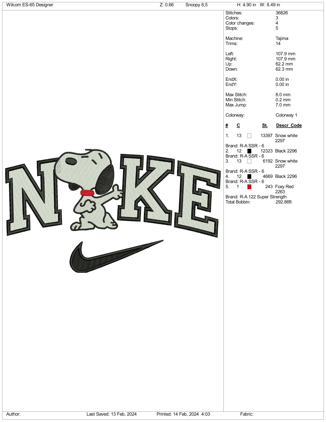 Nike Snoopy Embroidery Design Files - 3 Size's