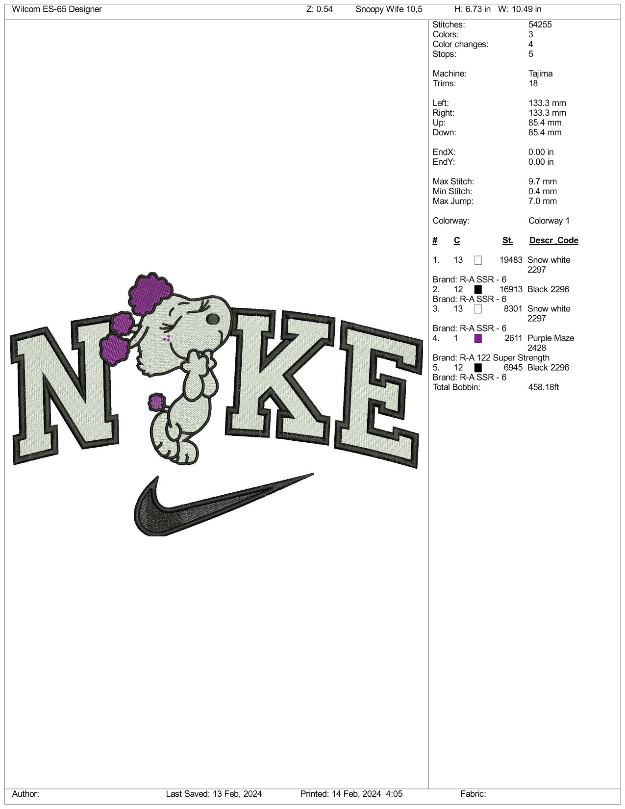 Nike Snoopy Wife Embroidery Design Files - 3 Size's