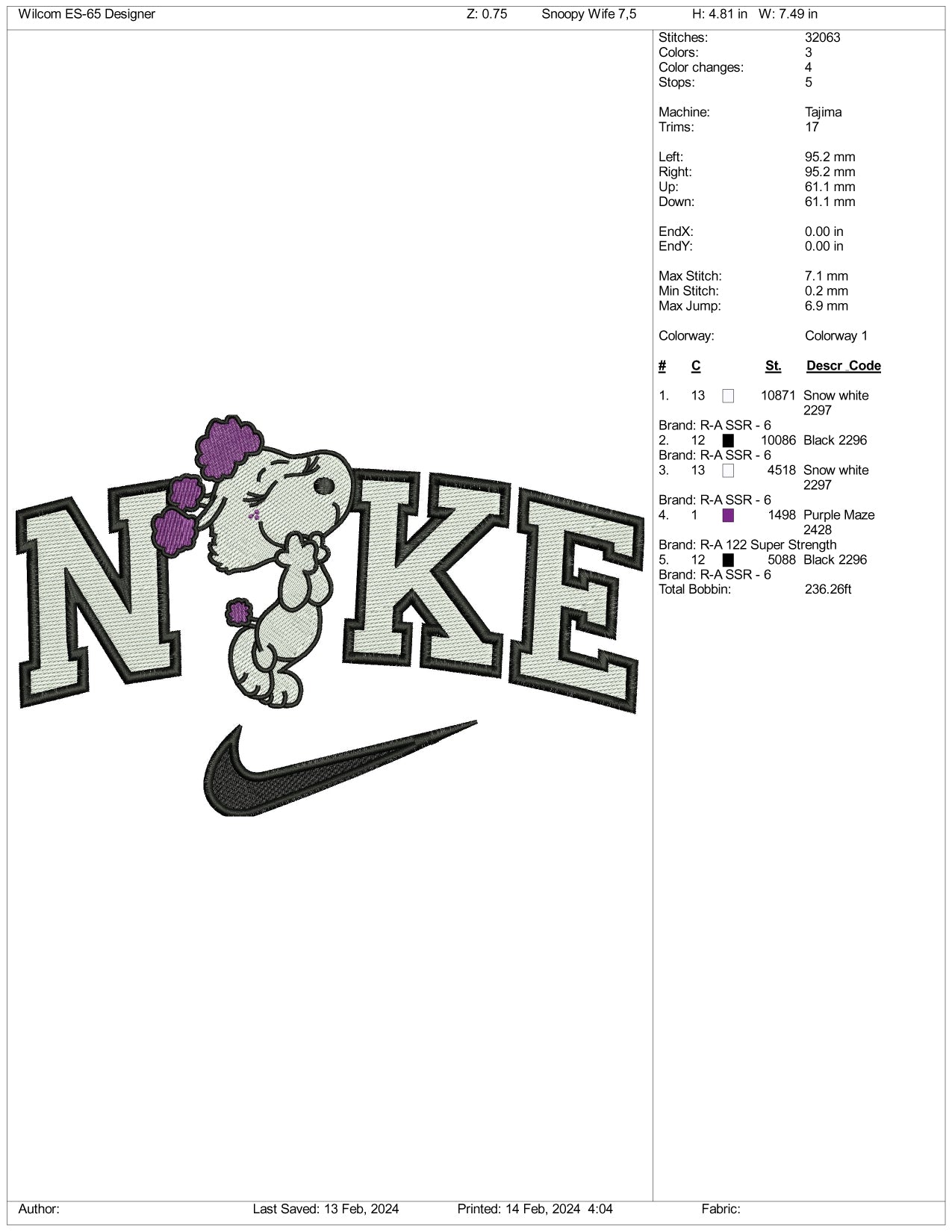 Nike Snoopy Wife Embroidery Design Files - 3 Size's