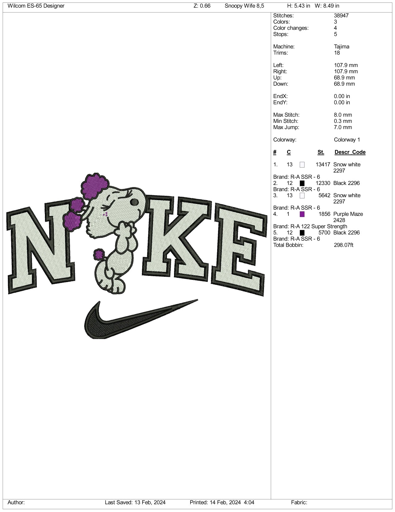 Nike Snoopy Wife Embroidery Design Files - 3 Size's