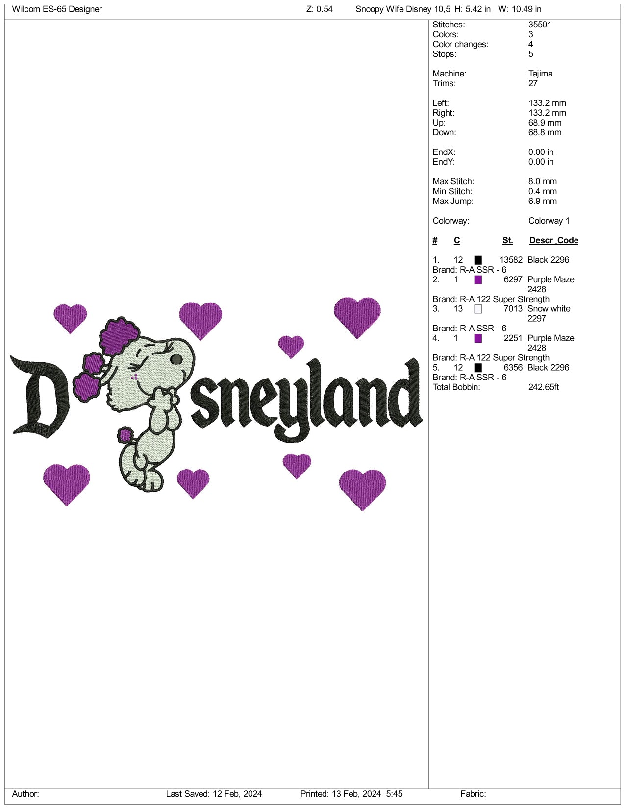 Snoopy Wife Disneyland Embroidery Design Files - 3 Size's