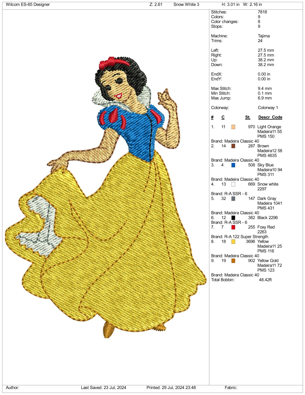 Snow White Embroidery Design Files - 3 Size's