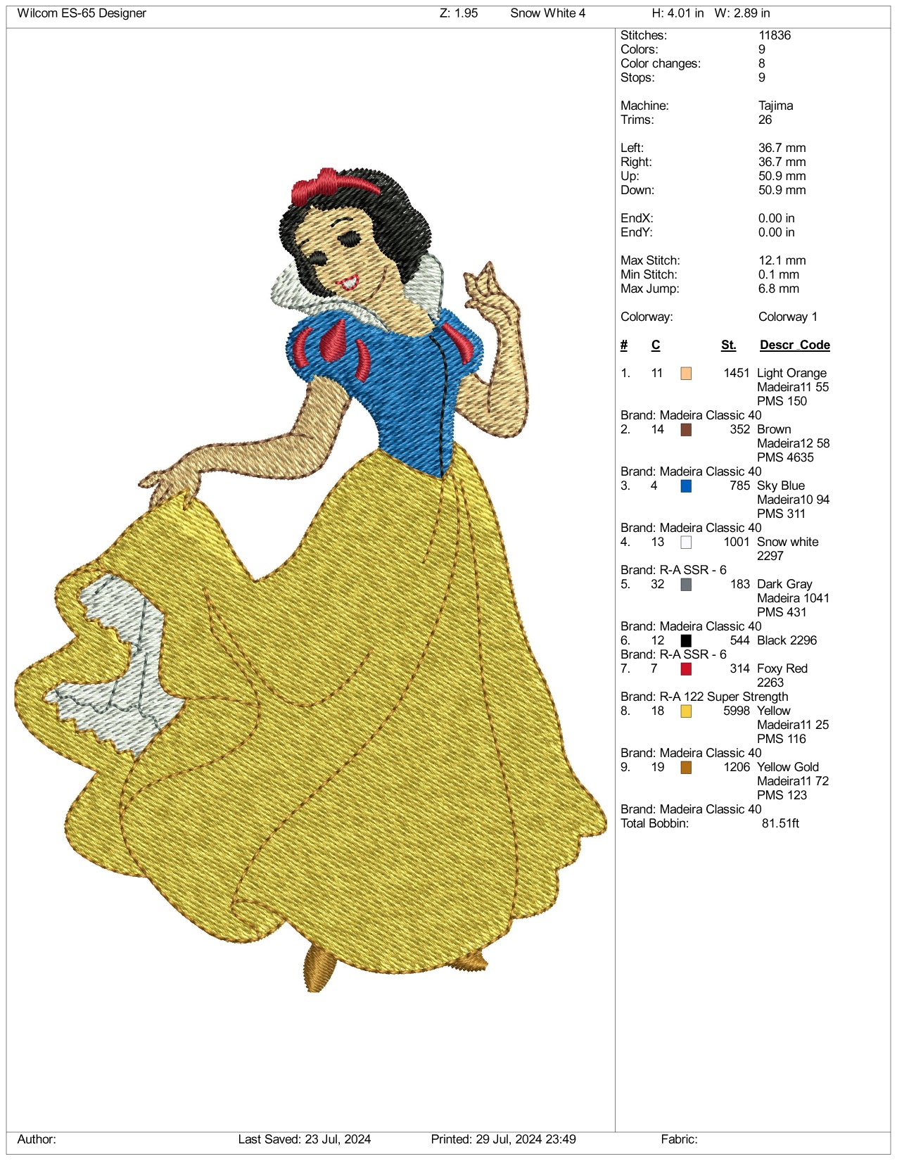 Snow White Embroidery Design Files - 3 Size's