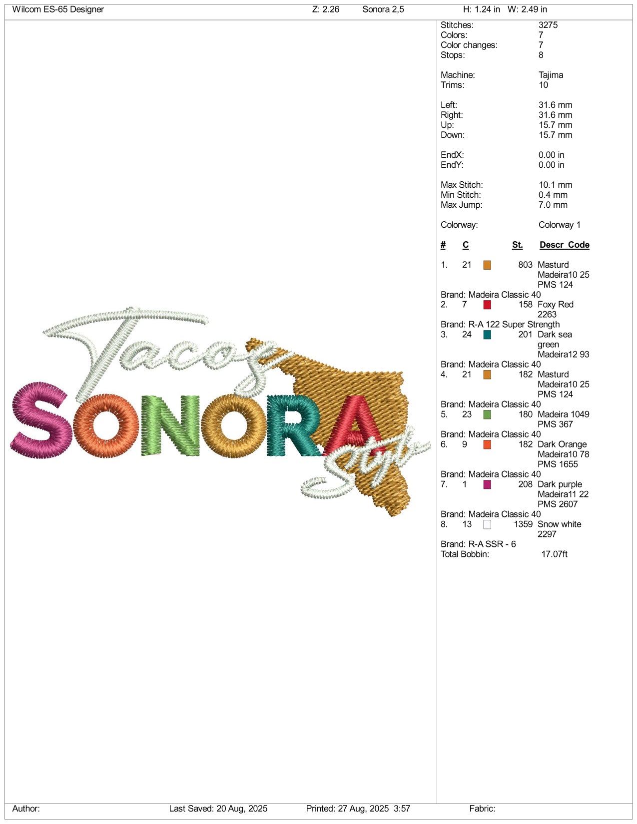 Tacos Sonora Style Embroidery Design Files - 3 Size's