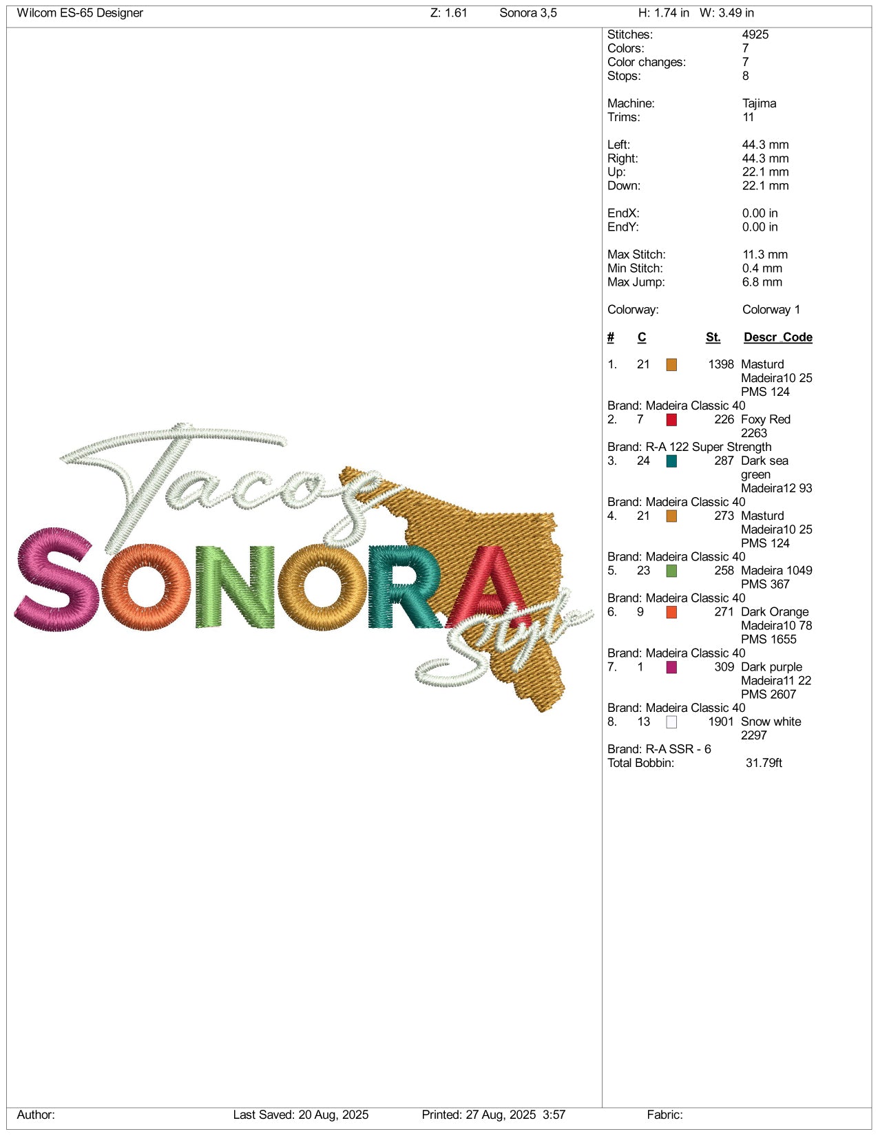 Tacos Sonora Style Embroidery Design Files - 3 Size's