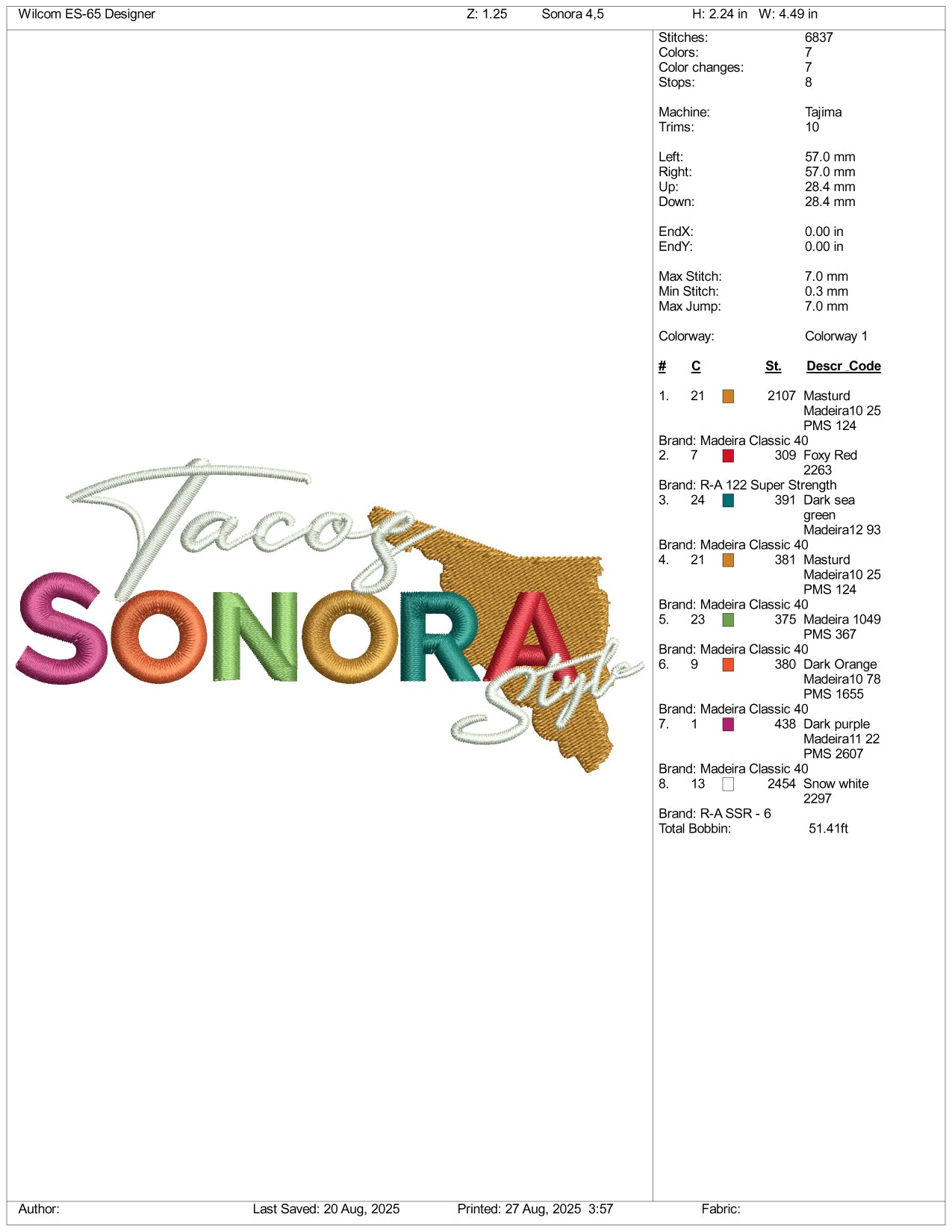 Tacos Sonora Style Embroidery Design Files - 3 Size's