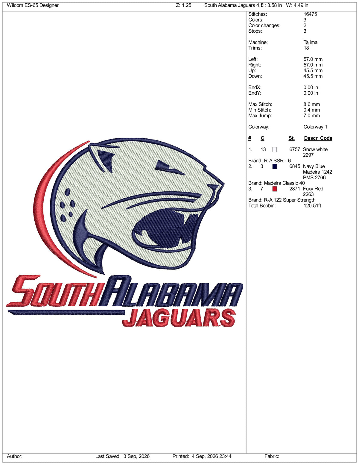 South Alabama Jaguars Logo Embroidery Design Files - 3 Size's