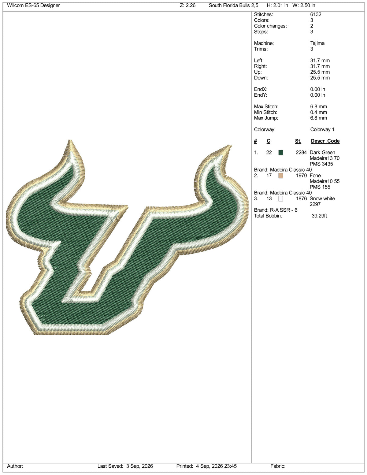 South Florida Bulls Logo Embroidery Design Files - 3 Size's