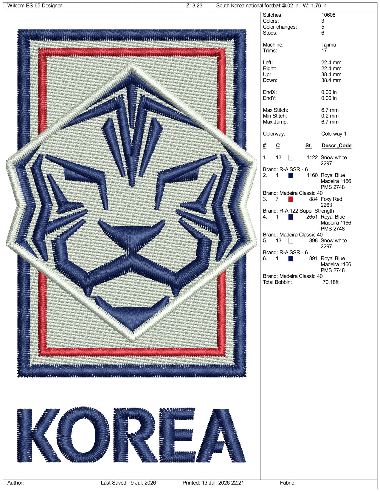 South Korea National Football Logo Embroidery Design Files - 3 Size's