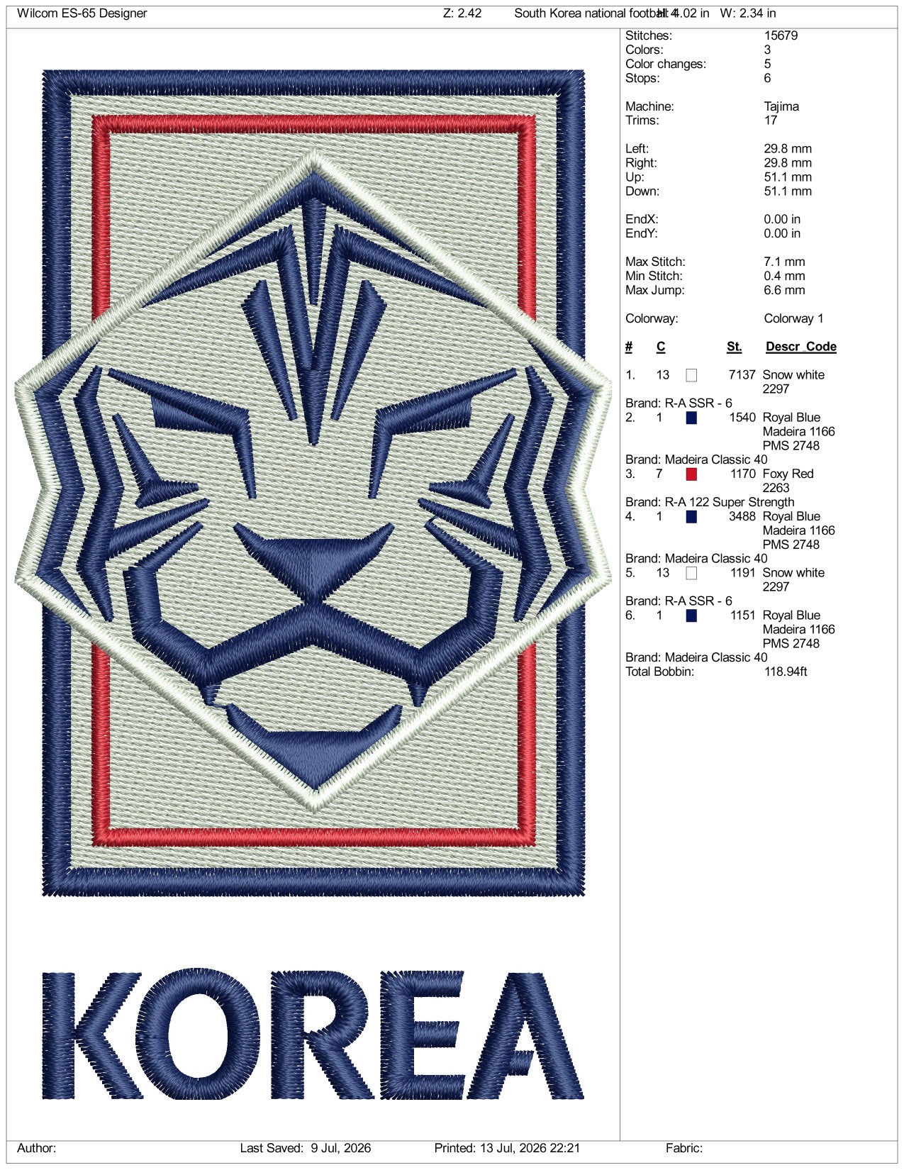South Korea National Football Logo Embroidery Design Files - 3 Size's