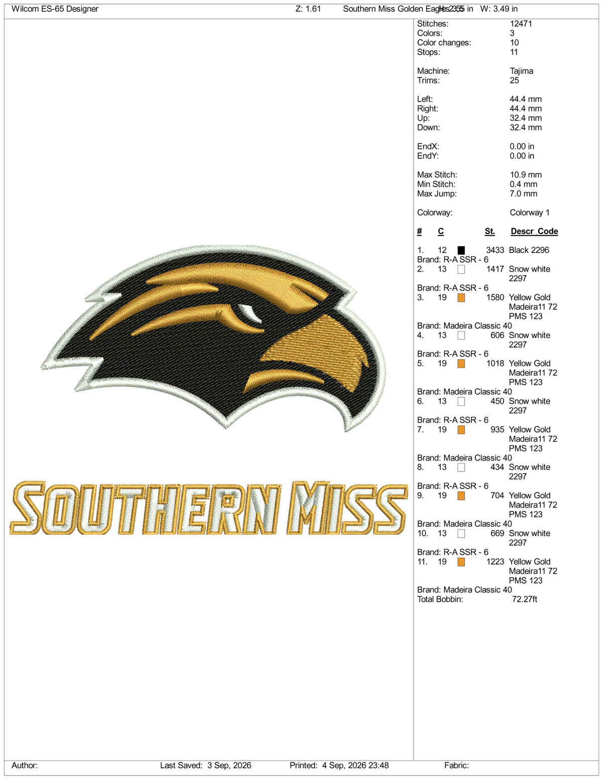 Southern Miss Golden Eagles Logo Embroidery Design Files - 3 Size's