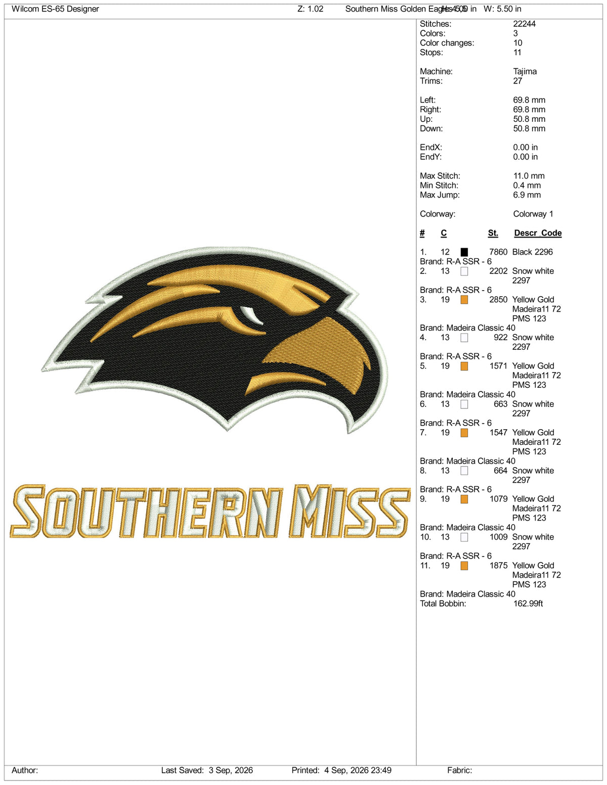 Southern Miss Golden Eagles Logo Embroidery Design Files - 3 Size's