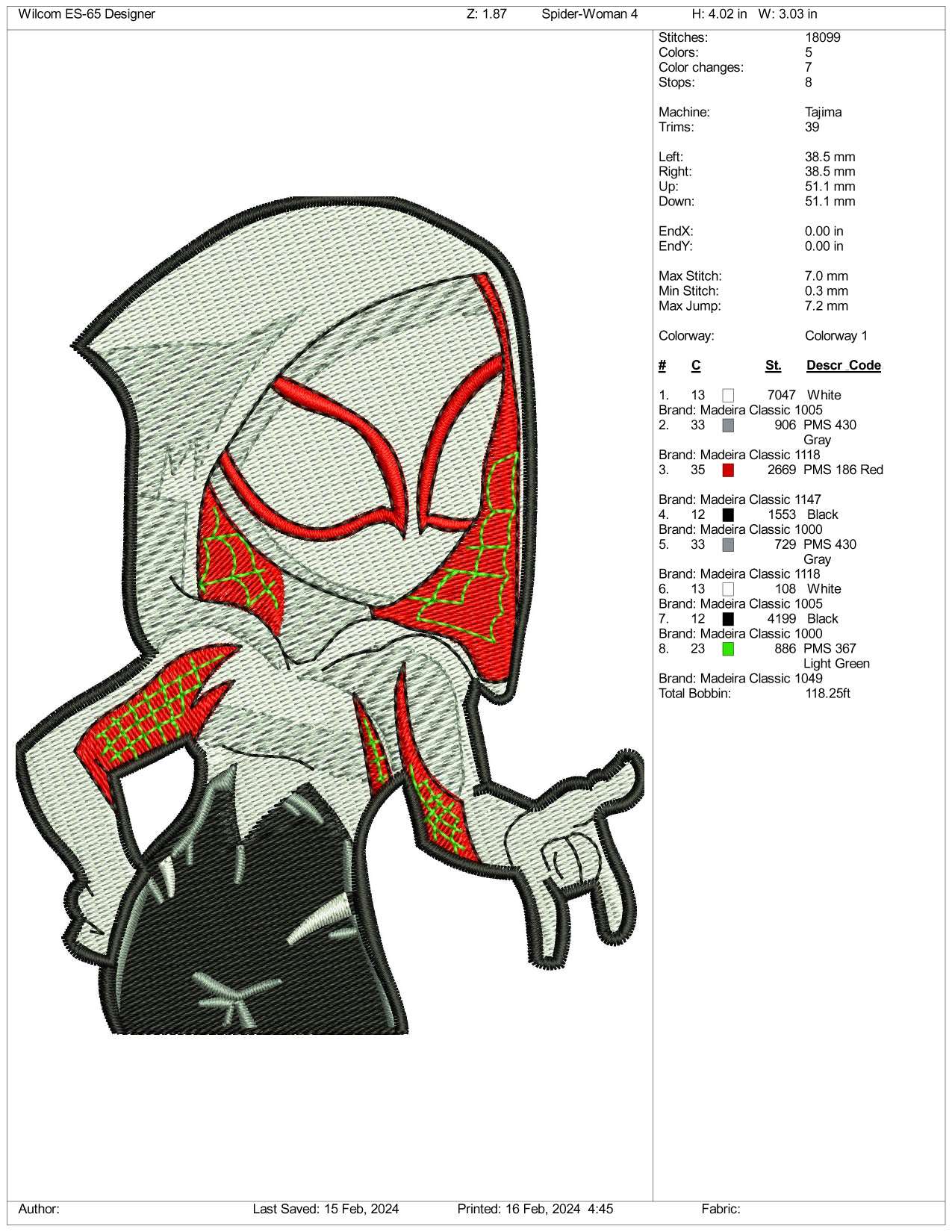 Gwen Stacey Embroidery Design Files - 3 Size's