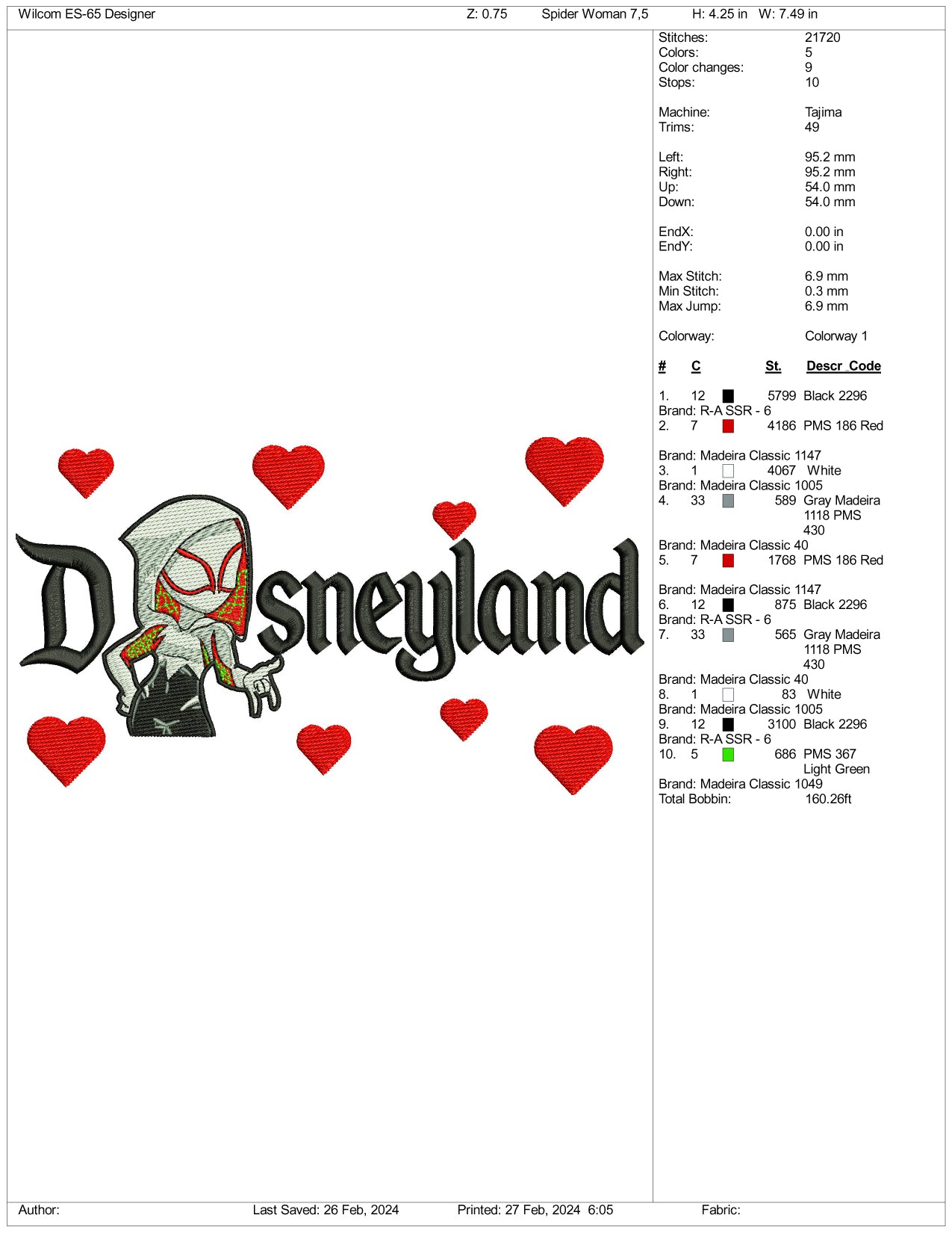 Gwen Stacey Disneyland Embroidery Design Files - 3 Size's