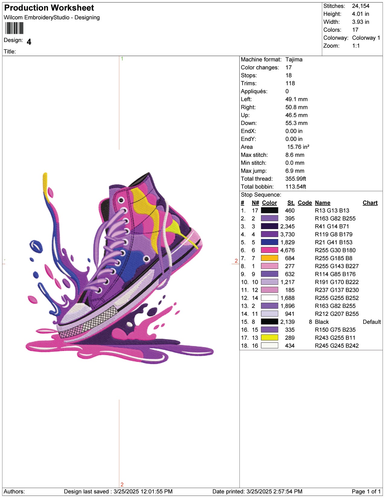 Splash Sneakers Embroidery Design Files - 9 Size's