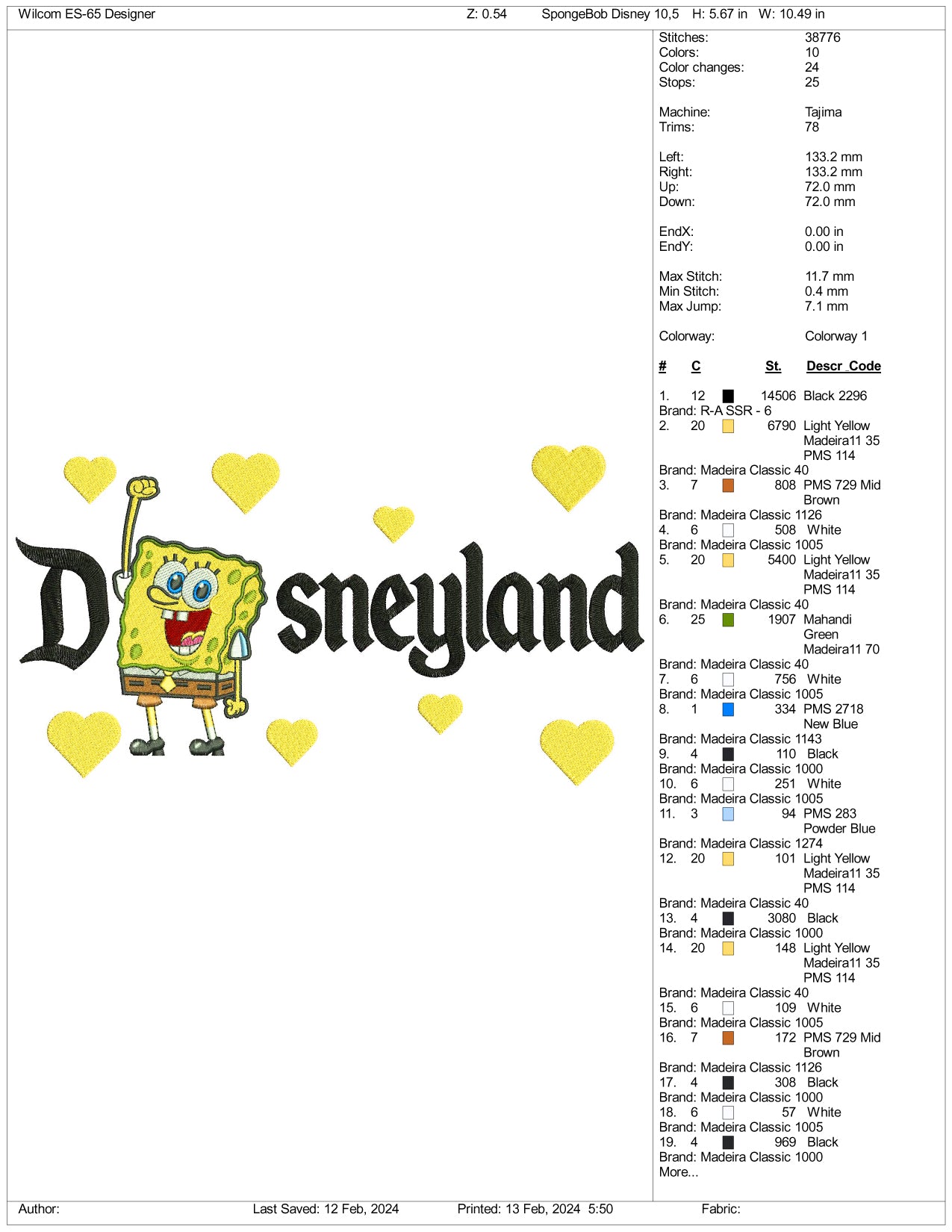 SpongeBob Disneyland Embroidery Design Files - 3 Size's