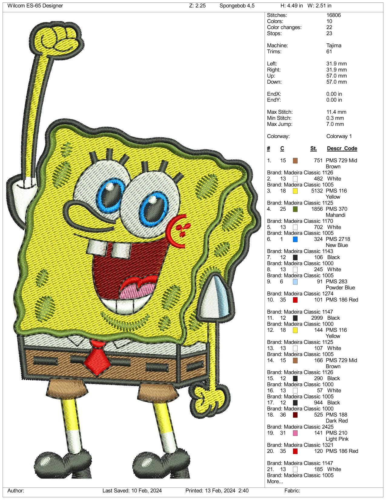 SpongeBob Embroidery Design Files - 3 Size's