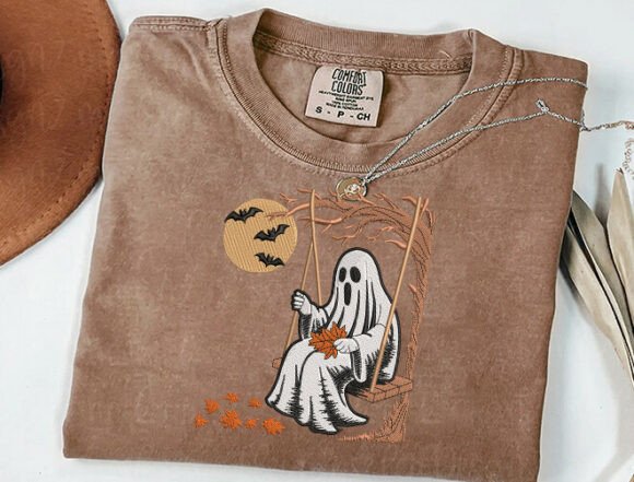 Ghost on Tree Embroidery Design Files - 5 Size's