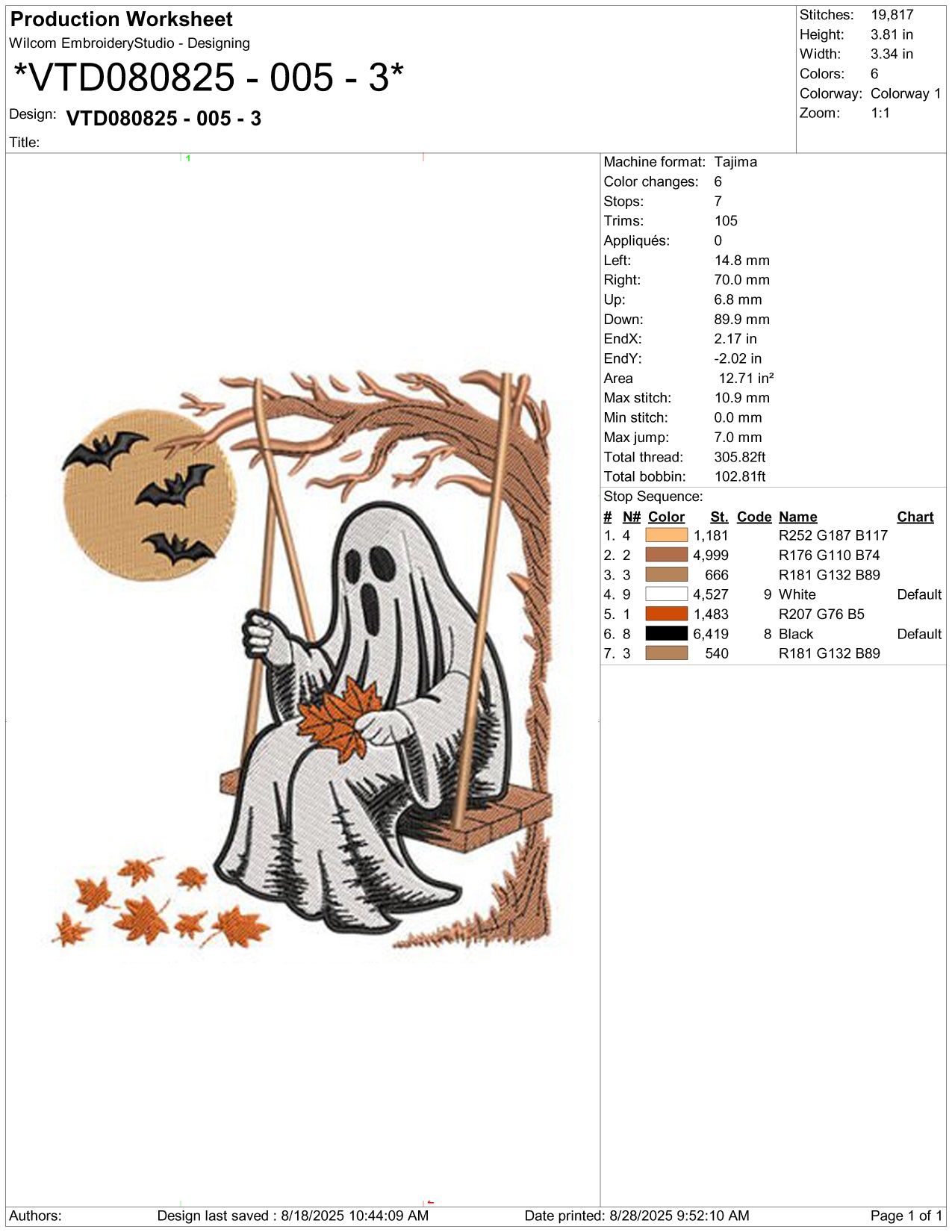 Ghost on Tree Embroidery Design Files - 5 Size's