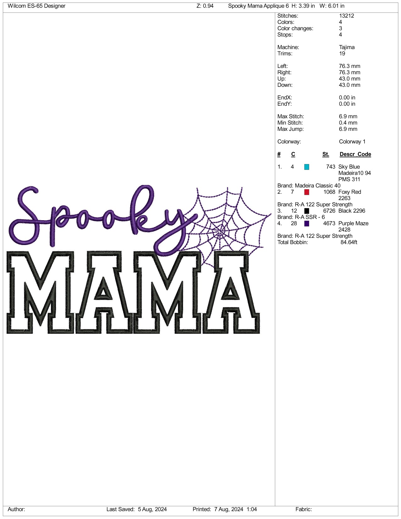 Spooky Mama Embroidery Design Files - 3 Size's