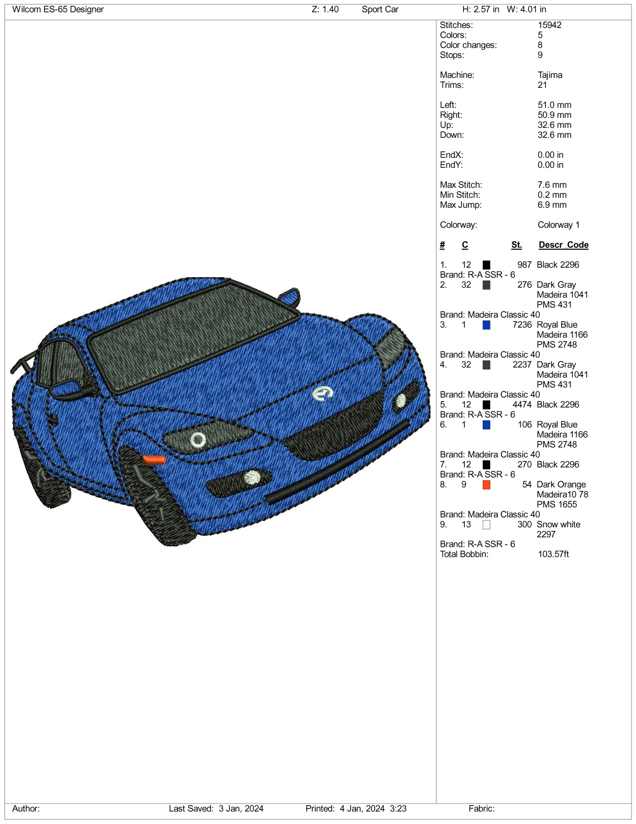 Car Embroidery Design Files - 3 Size's