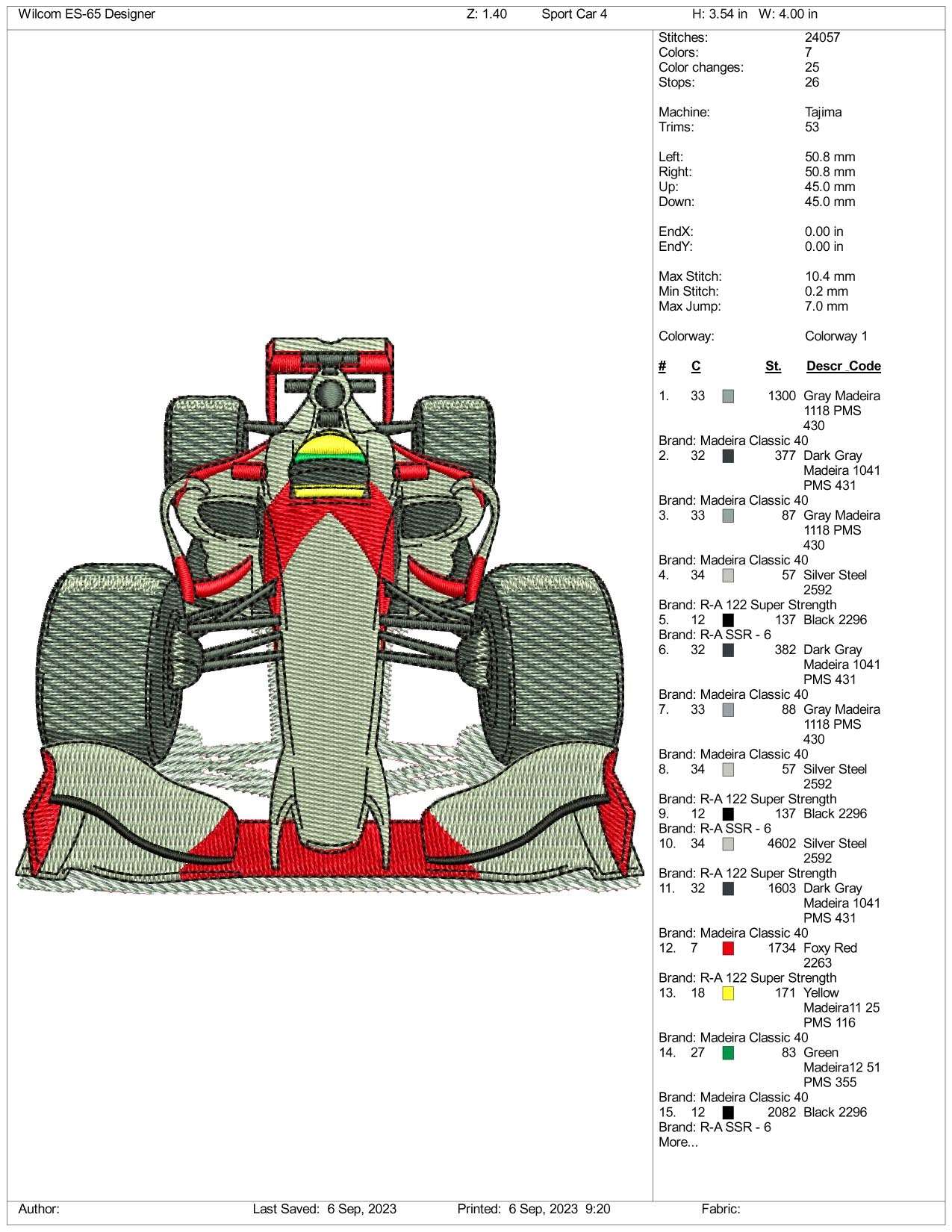 Sport Car Embroidery Design Files - 4 Size's