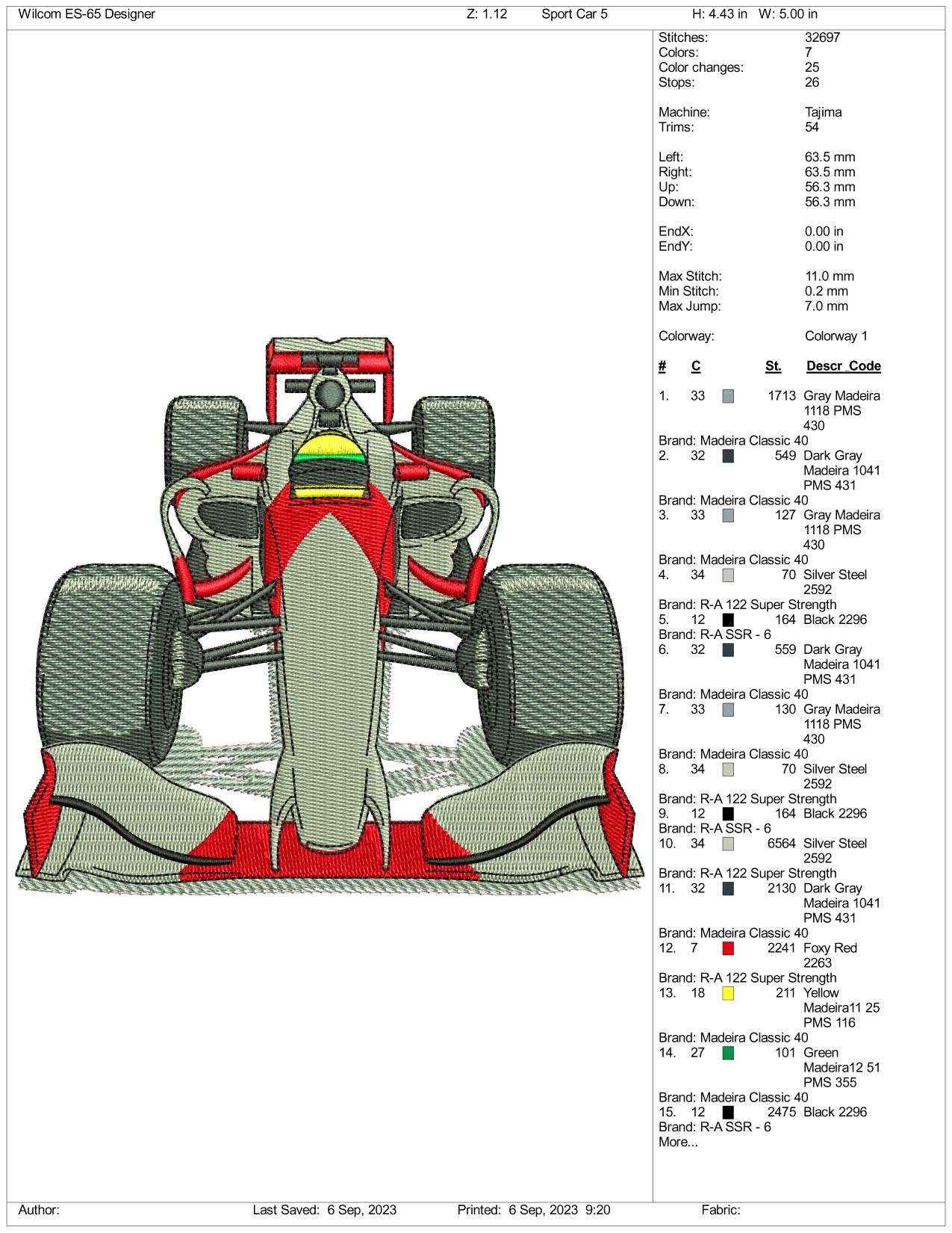 Sport Car Embroidery Design Files - 4 Size's