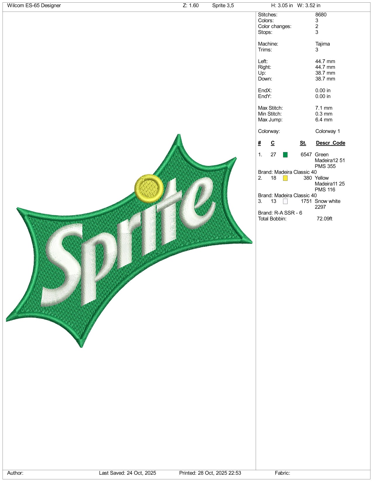 Sprite Logo Embroidery Design Files - 3 Size's