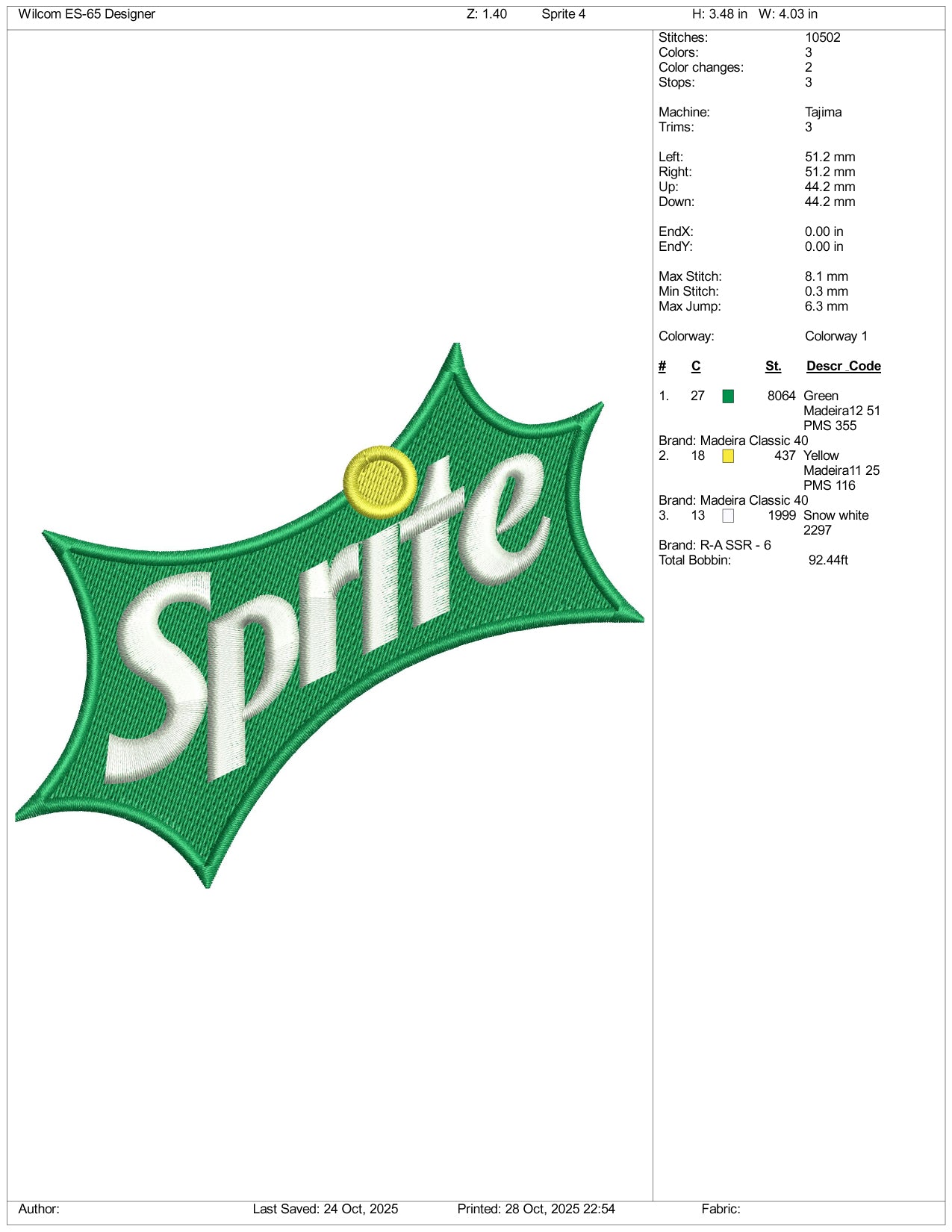 Sprite Logo Embroidery Design Files - 3 Size's