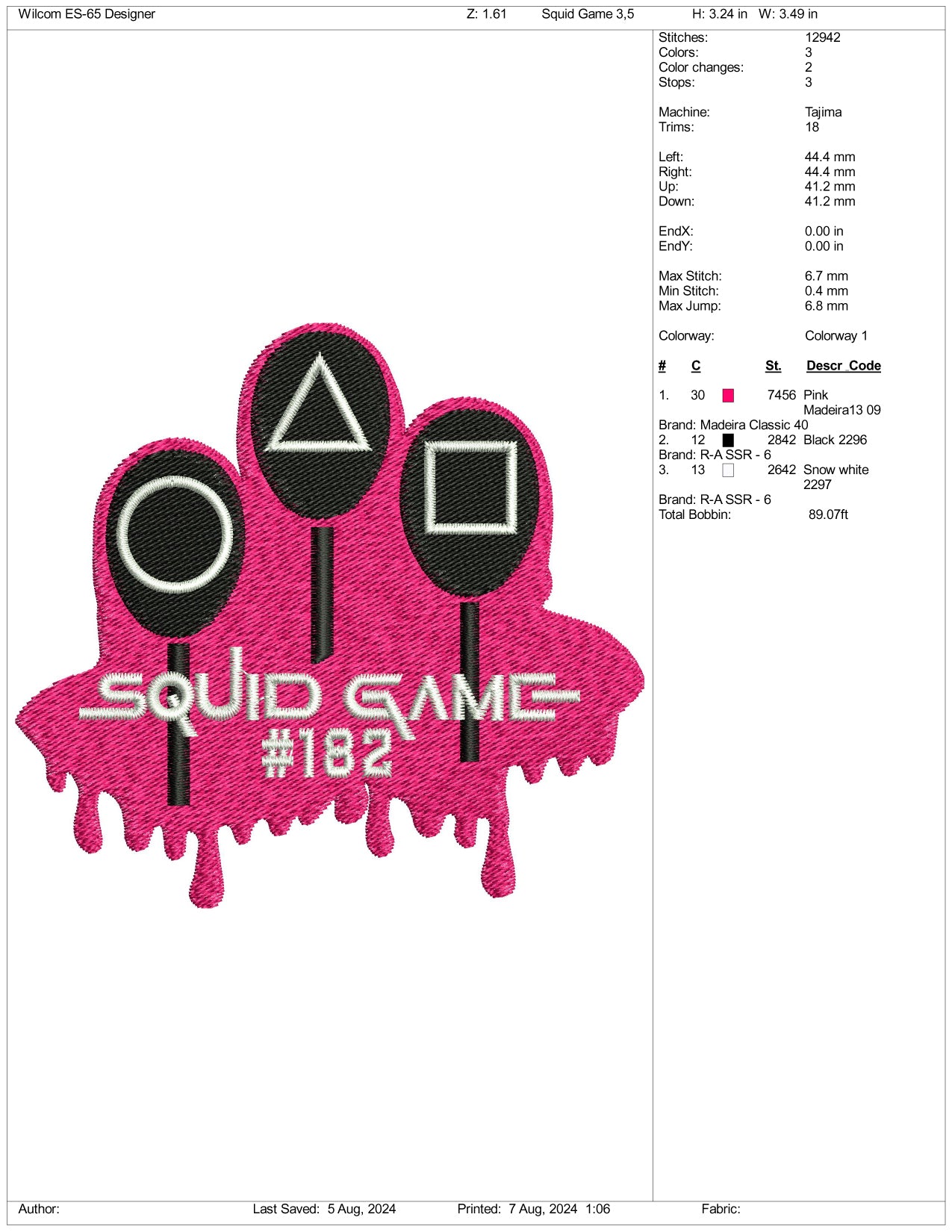 Squid Game 182 Embroidery Design Files - 3 Size's