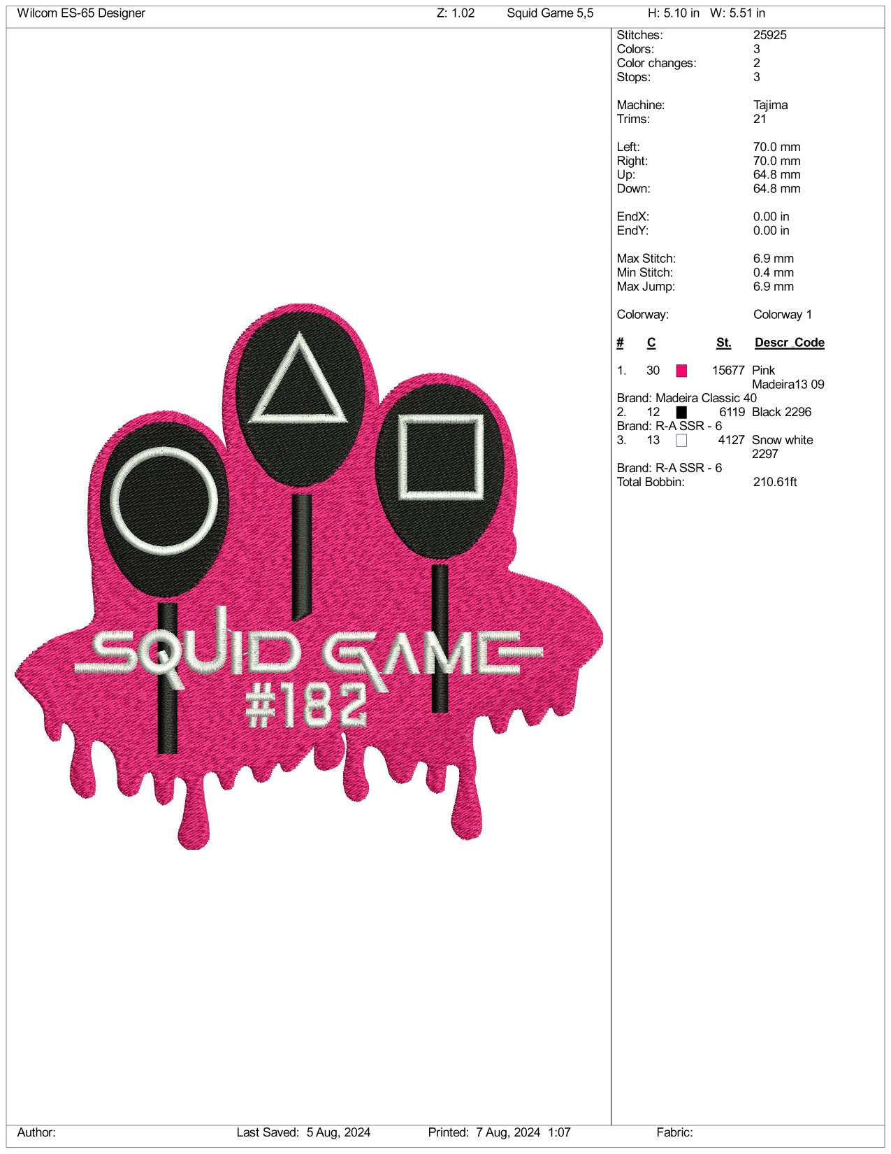 Squid Game 182 Embroidery Design Files - 3 Size's