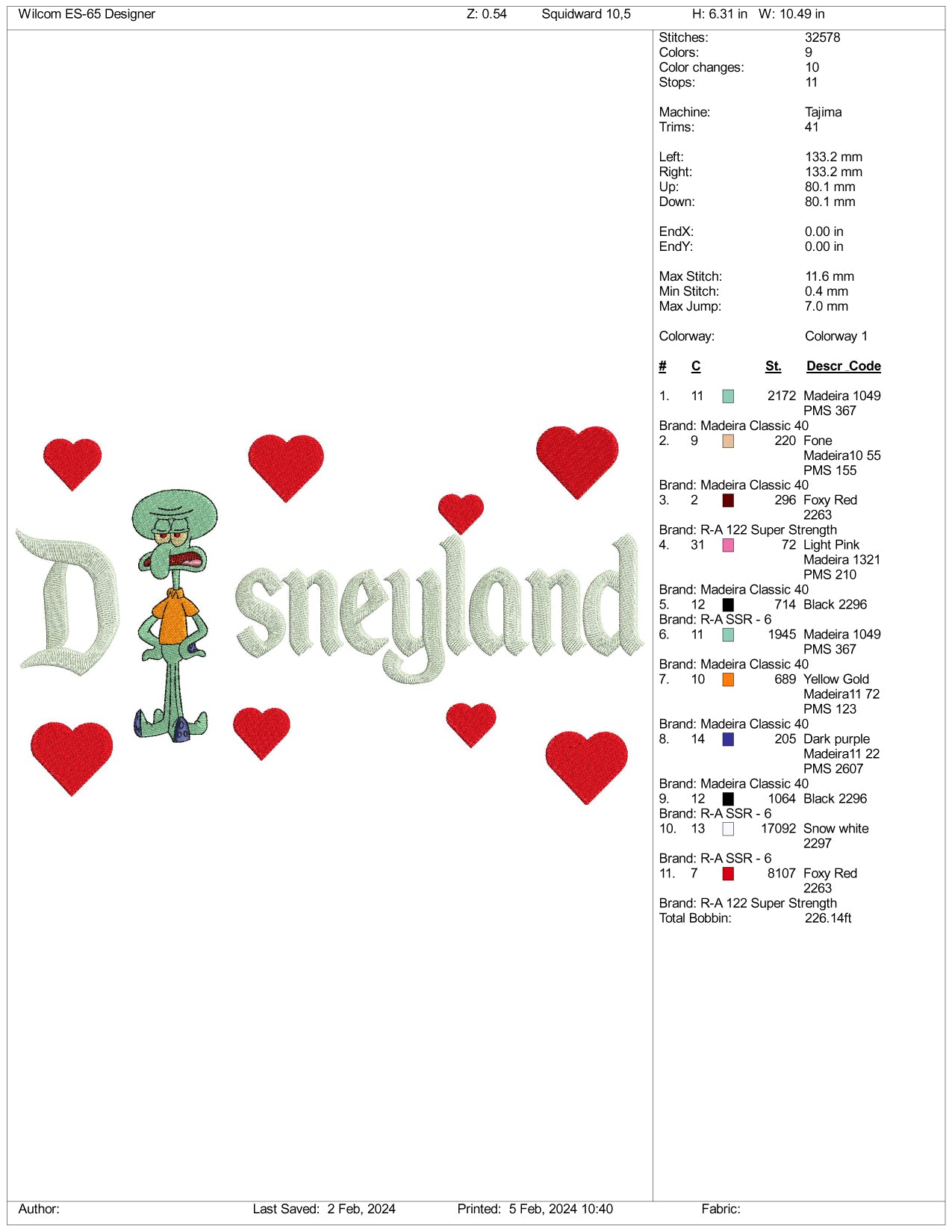 Squidward Disneyland Embroidery Design Files - 3 Size's