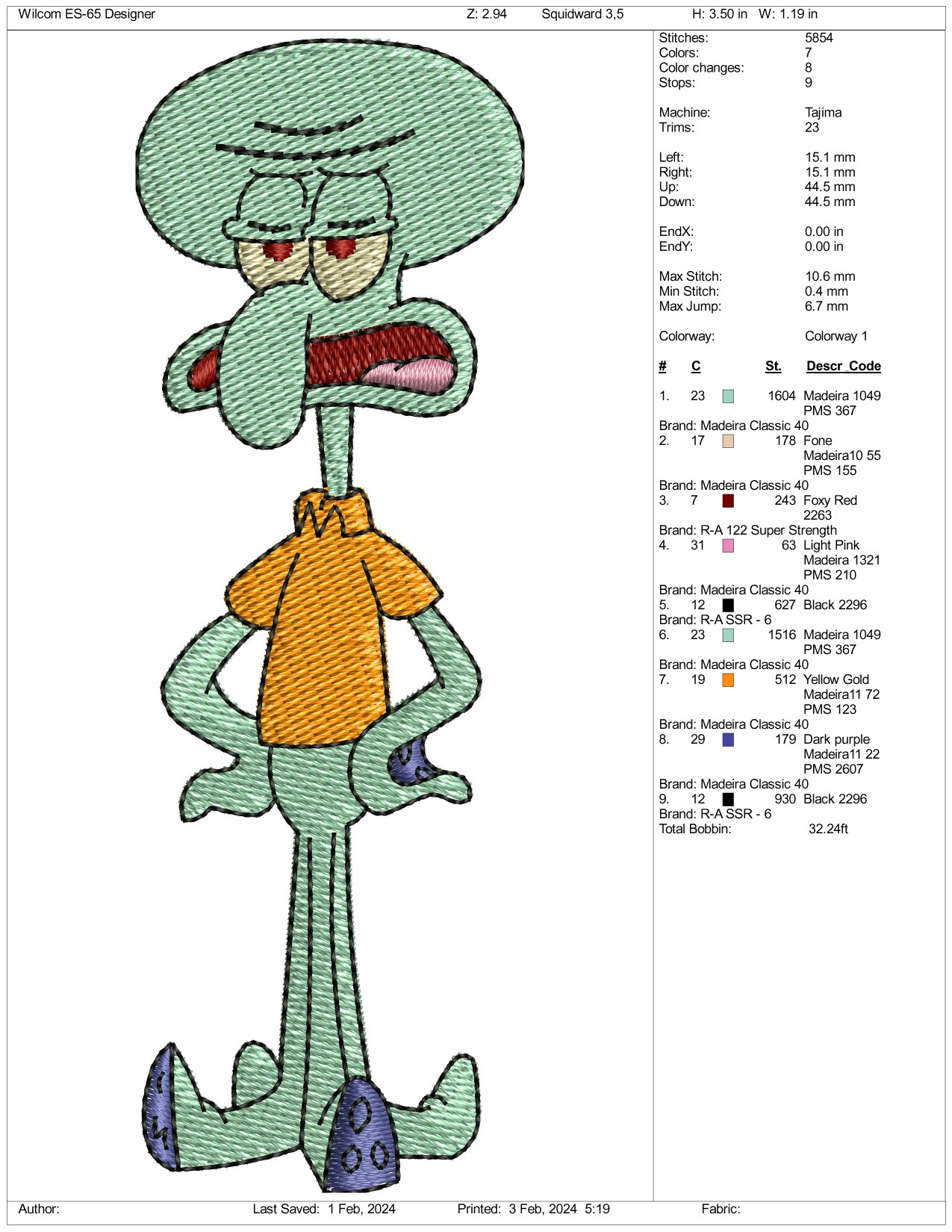 Squidward Embroidery Design Files - 3 Size's