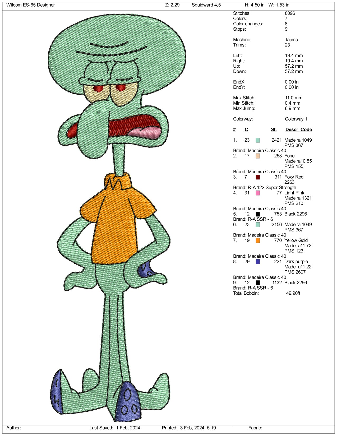 Squidward Embroidery Design Files - 3 Size's