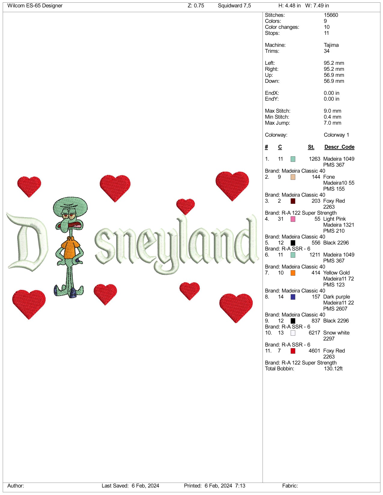 Squidward Disneyland Embroidery Design Files - 3 Size's