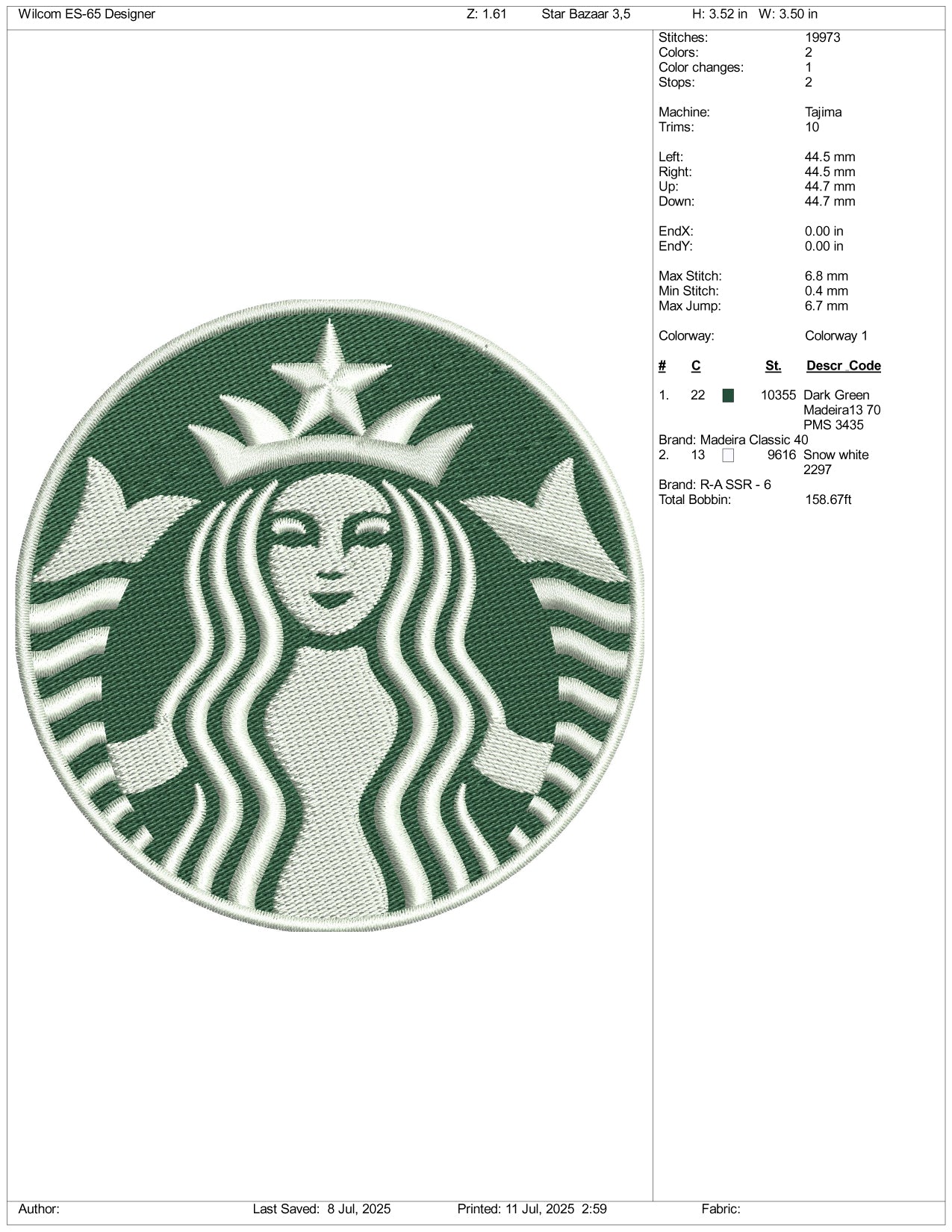 Starbucks Logo Embroidery Design Files - 3 Size's