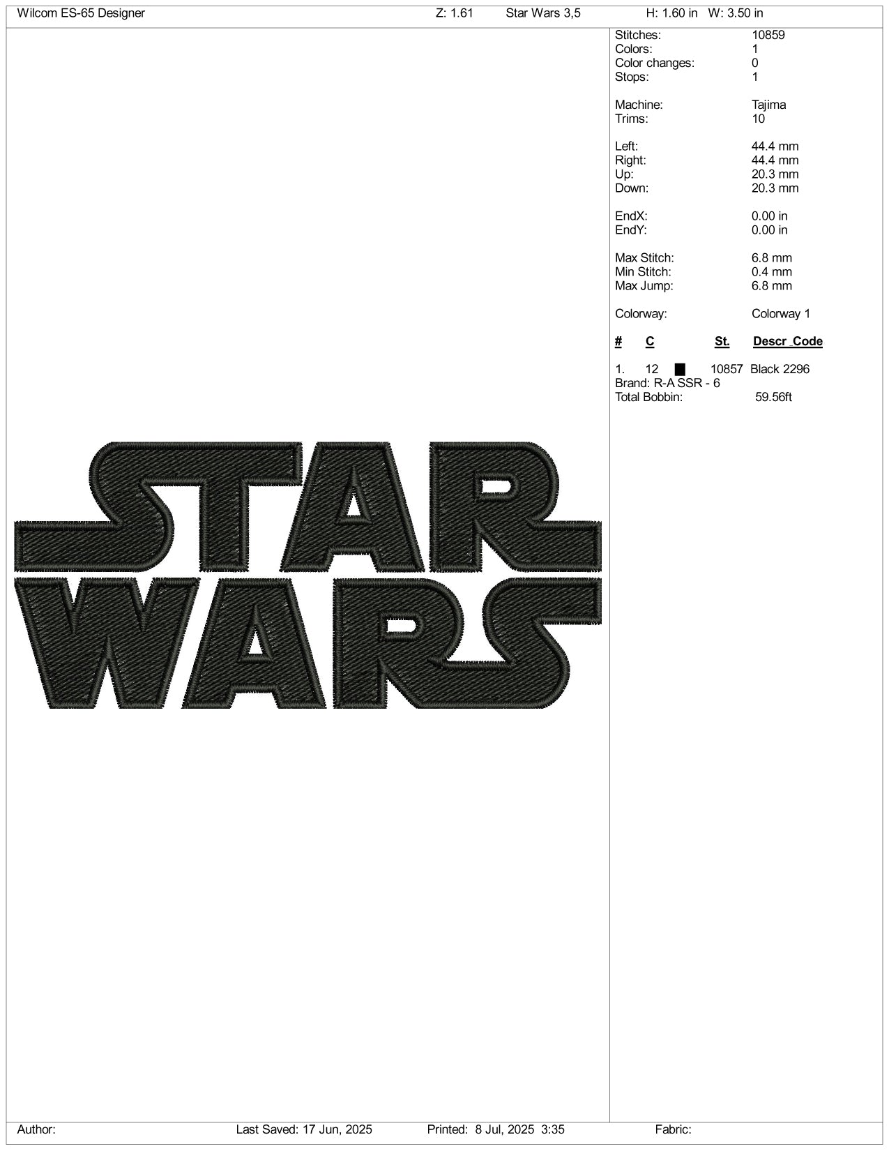 Star Wars Logo Embroidery Design Files - 3 Size's
