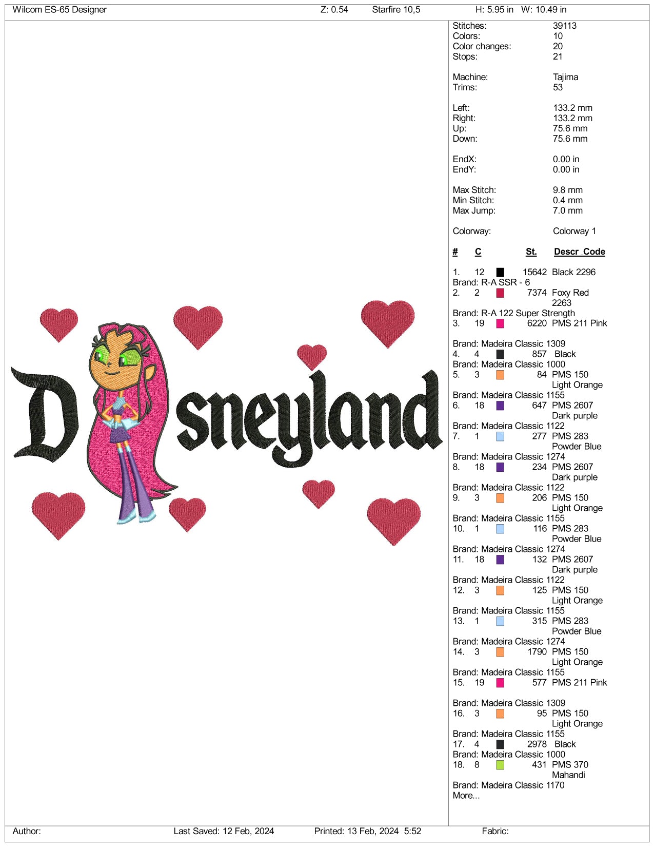 Starfire Disneyland Embroidery Design Files - 3 Size's