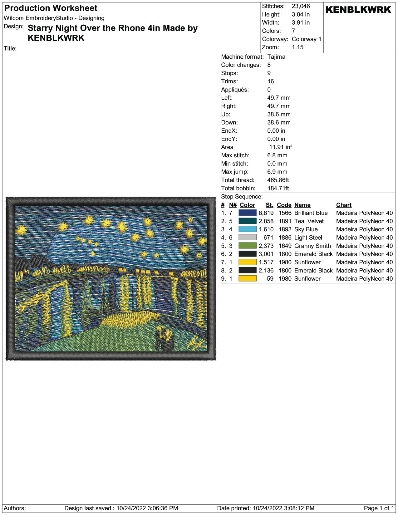Starry Night Over the Rhone Embroidery Design Files - 2 Size's