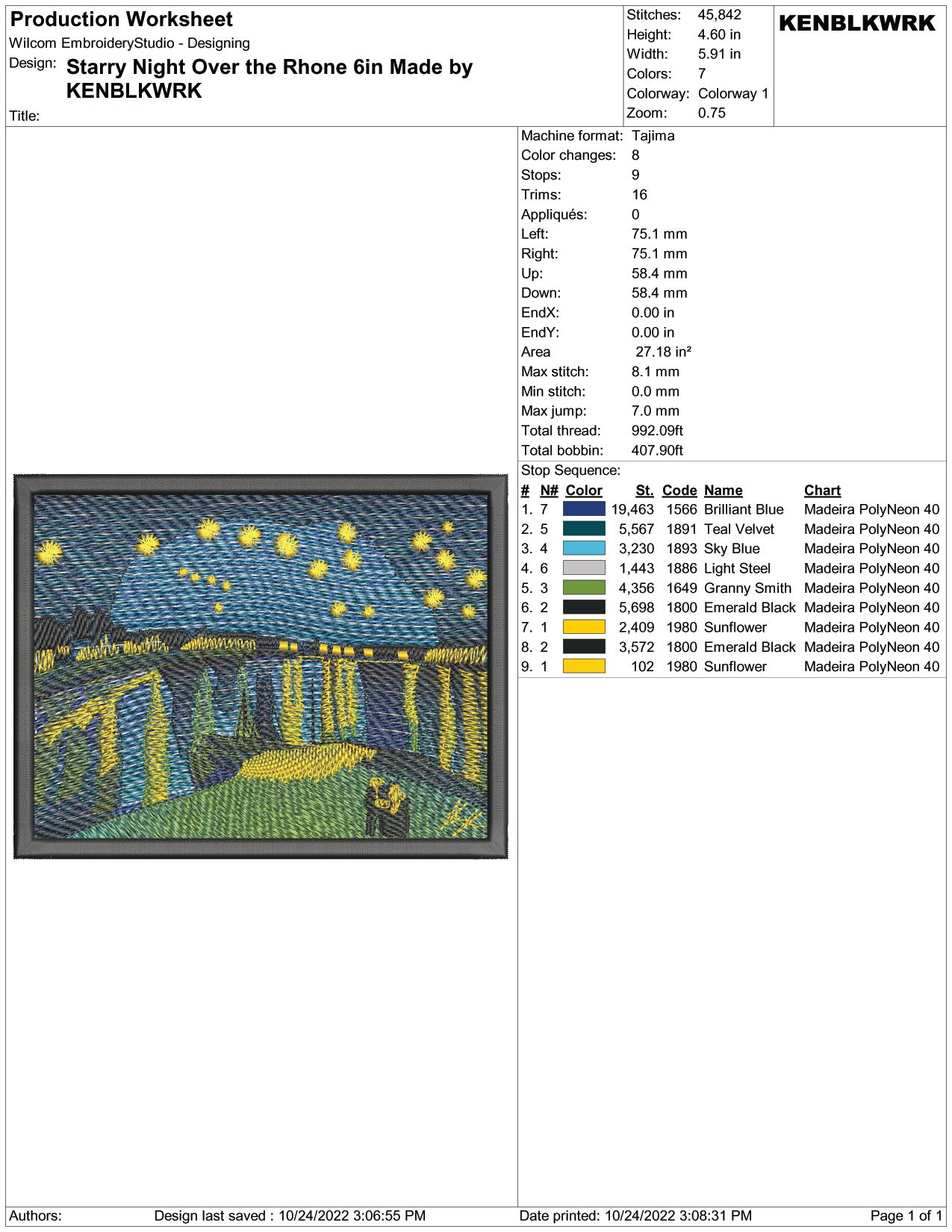 Starry Night Over the Rhone Embroidery Design Files - 2 Size's