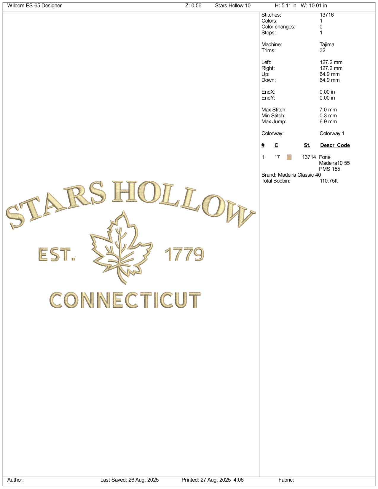Star Hollow Est 1779 Connect Cut Embroidery Design Files - 4 Size's
